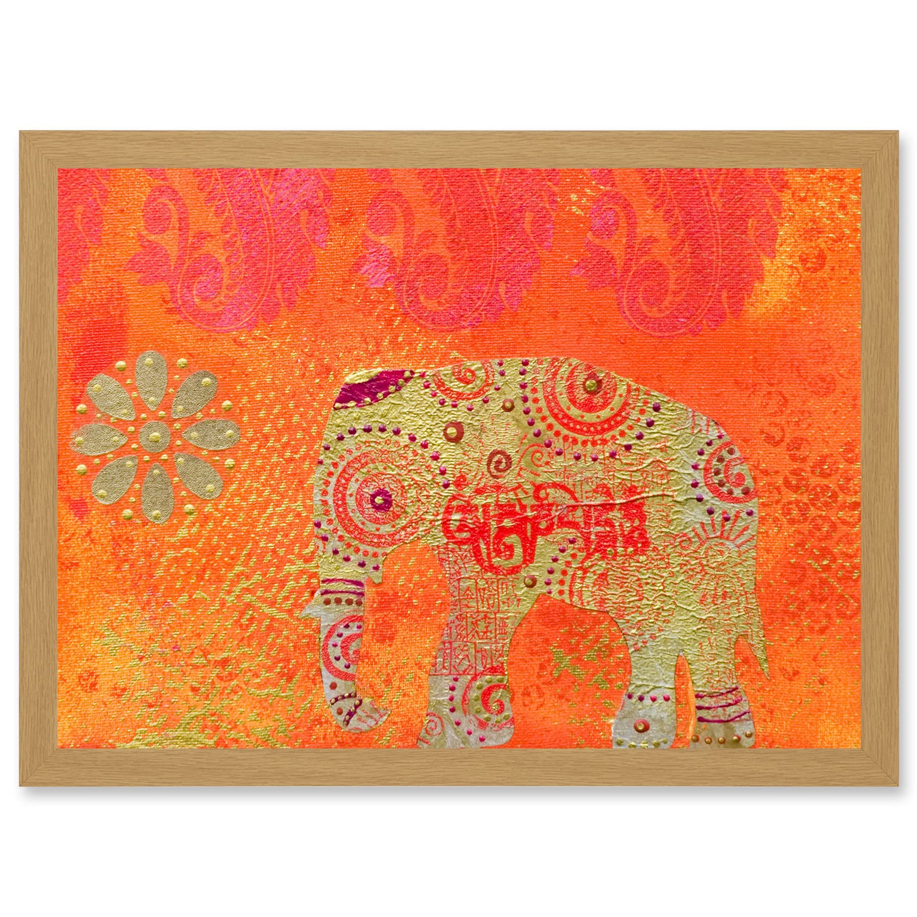 Artery8 Framed Wall Art Print - Indian Collage Elephant Pattern - A4 Size - Light Oak Frame