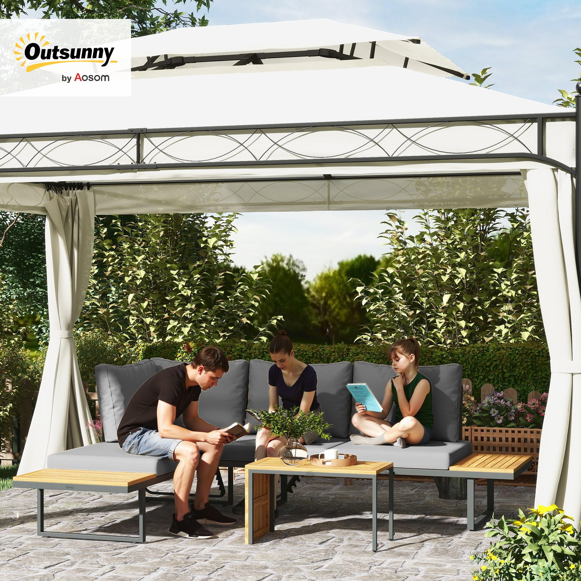 Outsunny Salon de Jardin extérieur d'angle 6 Places modulable en Bois d'acacia avec canapés et Table Basse, Dossier Ajustable, Coussins Inclus, chaises Longues pour terrasse Patio Jardin, Gris