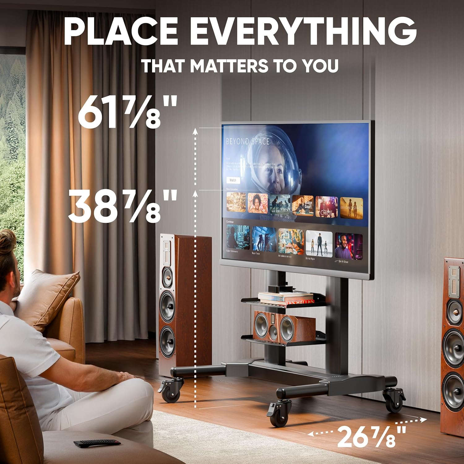 ONKRON Mobile TV Stand on Wheels for 40-80 Inch Screen, max Load 144 lbs, Height Adjustable, Large TV Portable Stand, max VESA 700x400, Aluminum Outdoor TV Cart Rolling TV Stand with Shelves Black