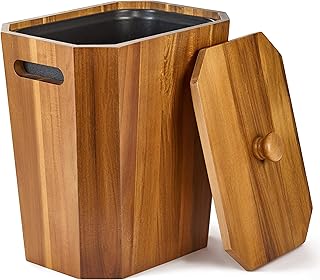 BLUEWEST 2.6 Gallons Acacia Wooden Bathroom Trash Can with Lid & PP Liner – Small Wastebasket with Handle, Decorative Wood Bin for Bedroom, Office or Under Counter Use