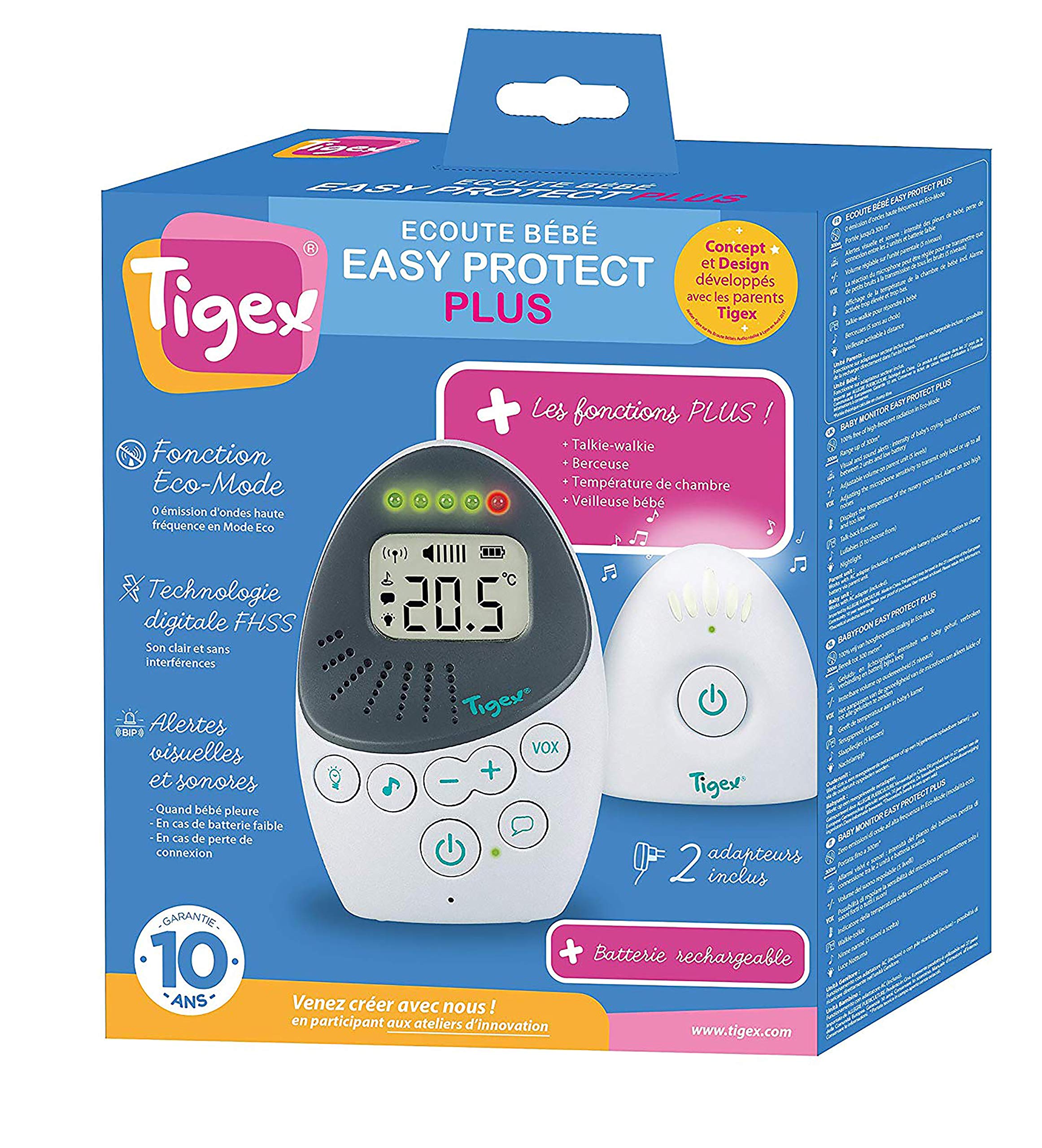 Tigex Elektroniczna niania Easy Protect Plus, słuchawki dla niemowląt, do ponownego ładowania, z trybem ekologicznym, krótkofalówką, kołysanką i lampką nocną