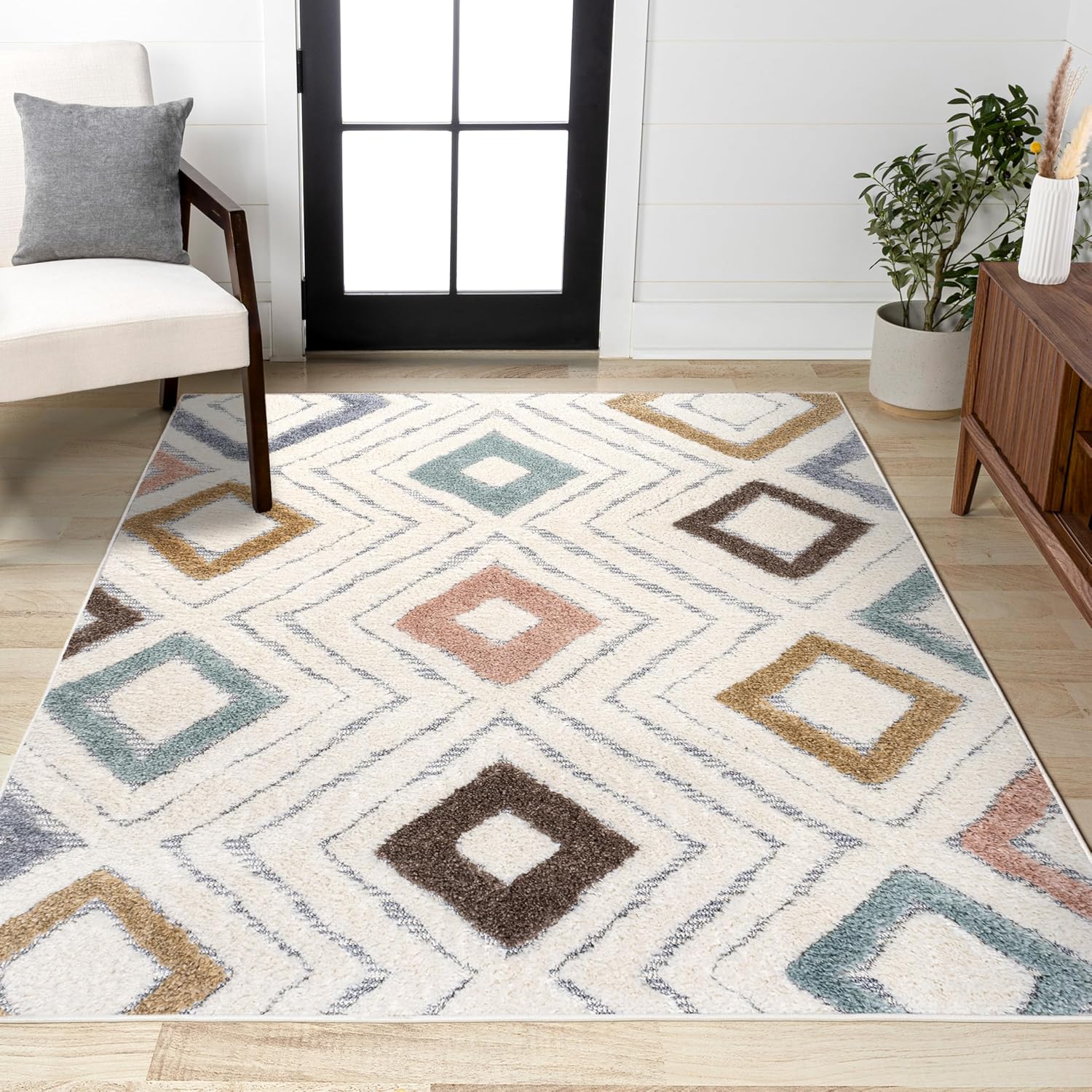 JONATHAN Y Diamond Tribal High-Low Multi/Cream Runner Rug 2X8 ft, Amira for Living Room, Bedroom, Kitchen, Office, Easy-Cleaning, High Traffic, Pet-Friendly, Non-Shedding SNT108A-28