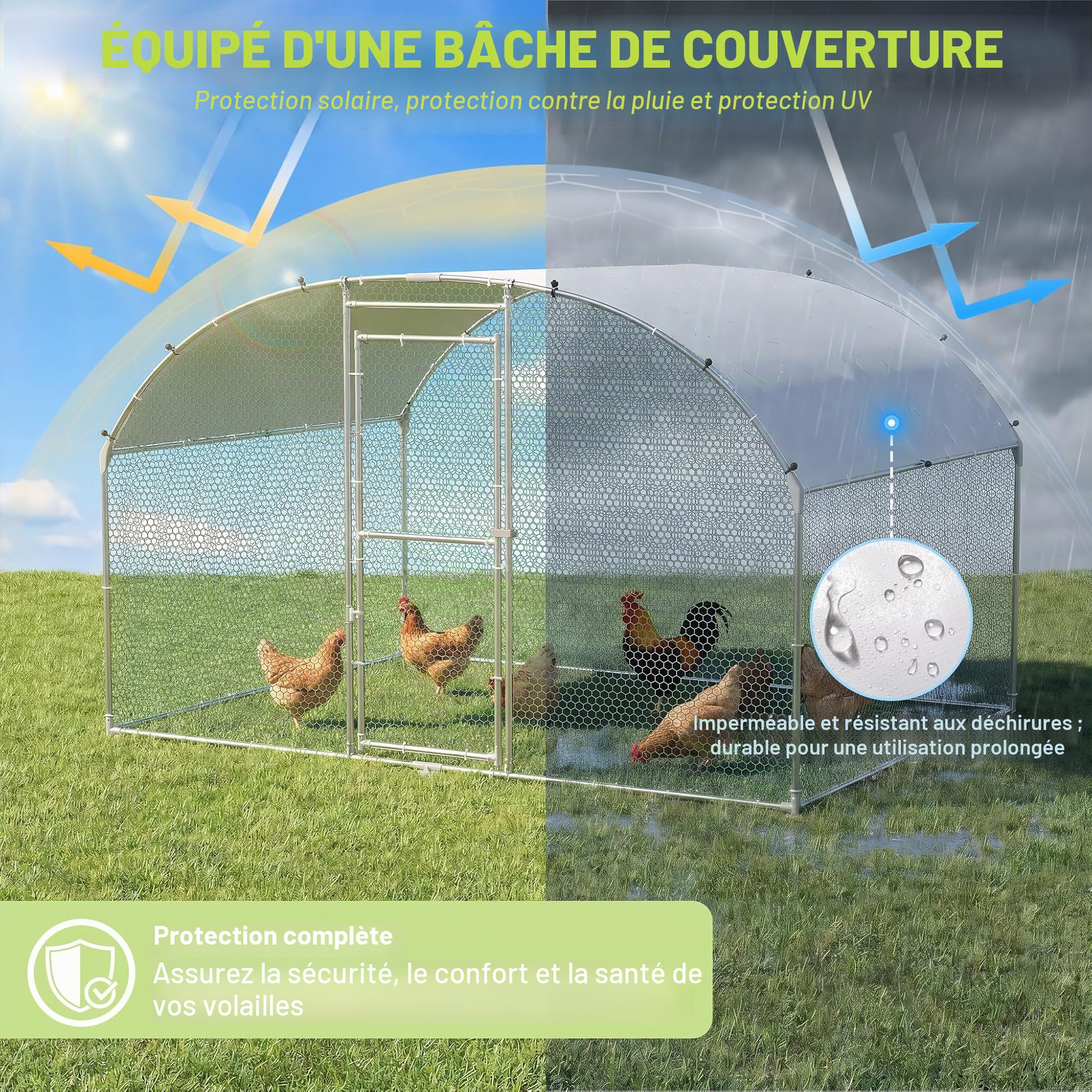 LZQ Cage pour poules à roue libre 3 x 2 m en métal galvanisé pour animaux domestiques, poulailler, poulailler, poulailler, poulailler, avec protection solaire, toit et porte, pour poules, lapins