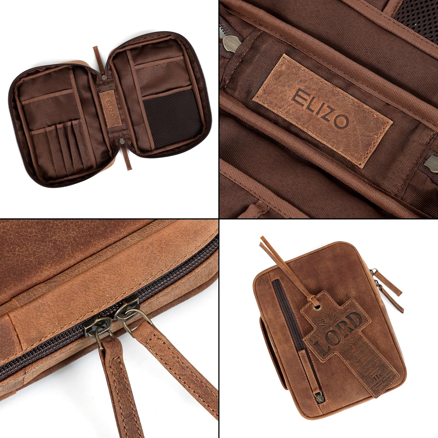 ELIZO Leather Bible Cover for Men Bible Case for Women Zippered Holder Protector Cross Church Tote Bag Carrying Organizer Sleeve Gift Standard Saddle
