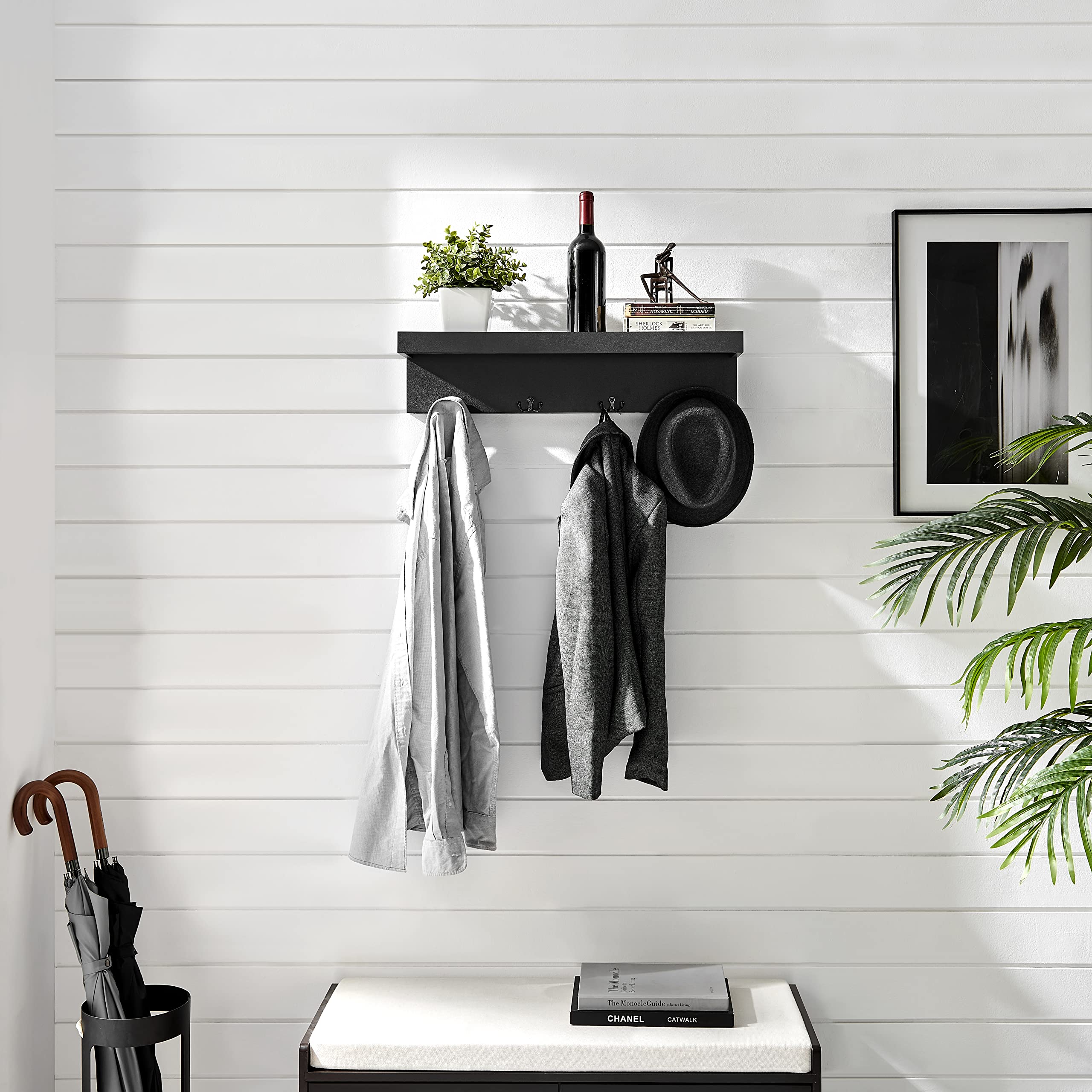 Danya B Wall Mounted Entryway Floating Coat Rack with Four Hanging Hooks and Decorative Ledge Shelf - Great for Entryways, Hallways, Bedrooms, Kitchens, and Bathrooms - Black