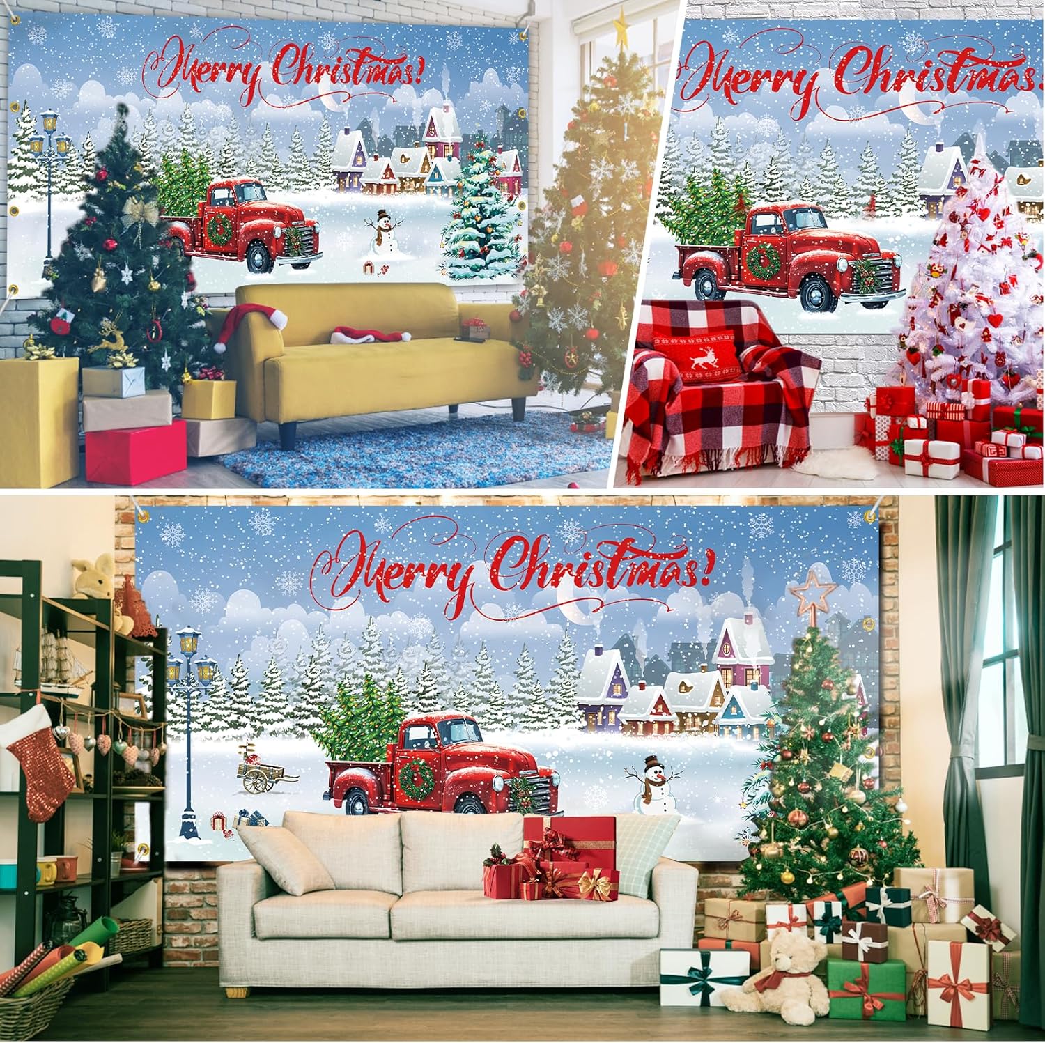 7x16 ft Christmas Garage Door Banner, 2025 Holiday Garage Door Decoration, Large Door Cover with Festive Design, Outdoor Xmas Banner, Merry Christmas Mural (Blue-2)