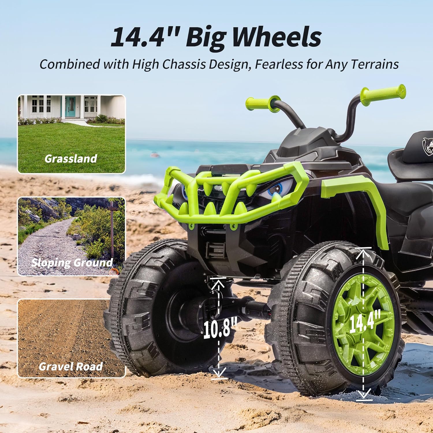 Hikiddo Shark Kids ATV 4 Wheeler, 24V 4WD Electric ATV Ride On Toy for Big Kids, 4X200W Motor, 5.6Mph Max Speed - Green