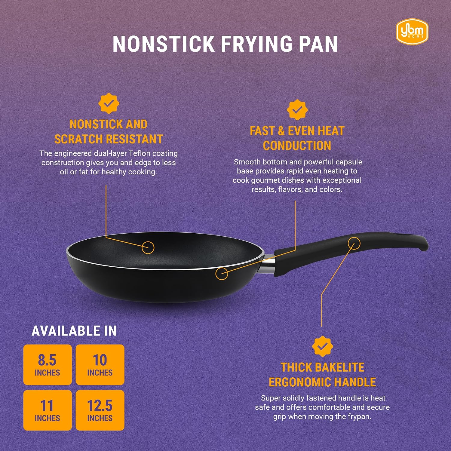 YBM HOME Nonstick Frying Pan 8 inch - Hard Anodized Aluminum with Dual-Layer Teflon Coating, Riveted Handle - Nonstick Skillet for Gas, Electric, Induction Cooktops (Black)
