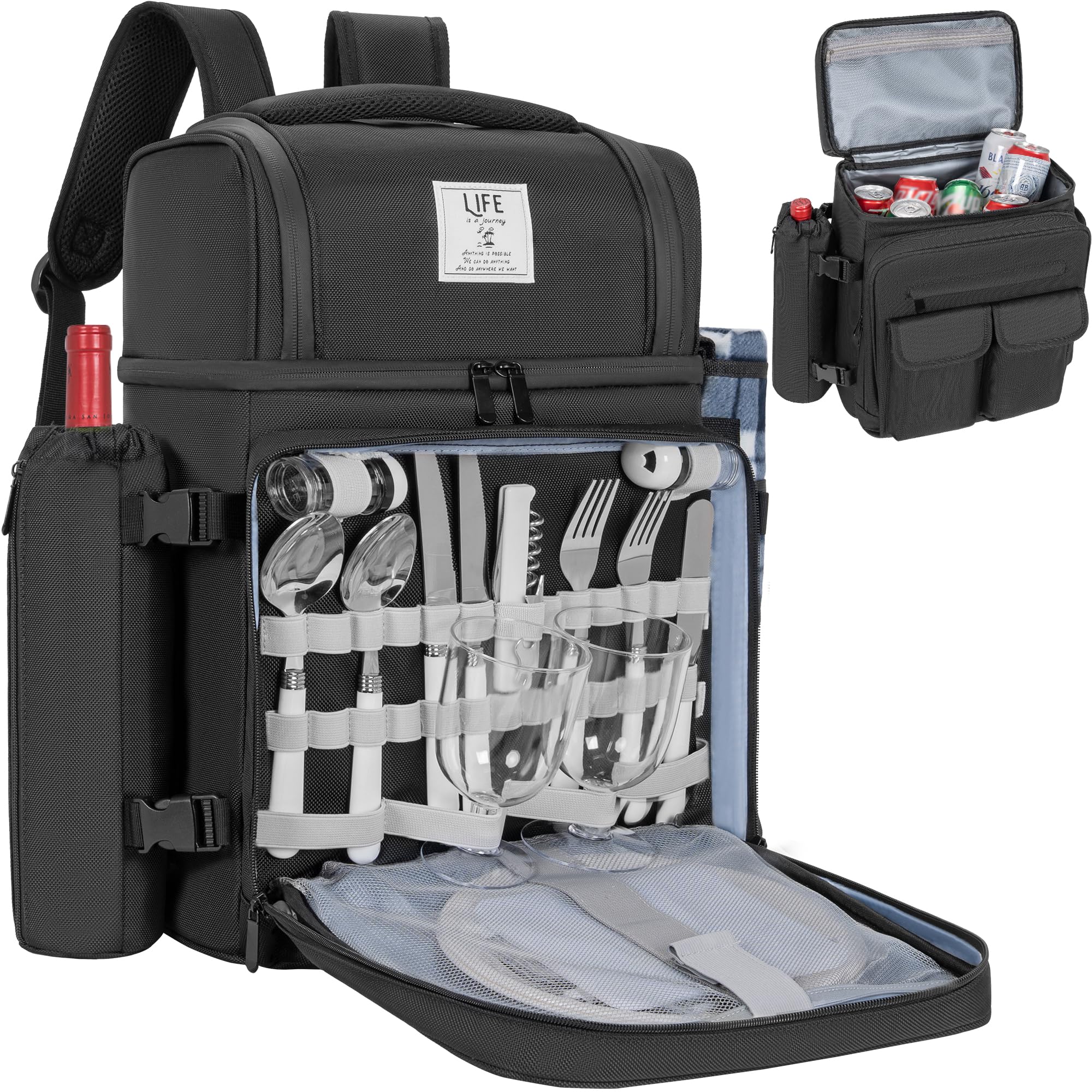 OUUTMEE 30L Sac à Dos de Pique-Nique pour 2 Personnes avec 2 Compartiments Réfrigérants Isolés et Étanches, Sac de Pique-Nique avec Vaisselle et Couverture, pour Plage, Camping, Randonnée (Noir)