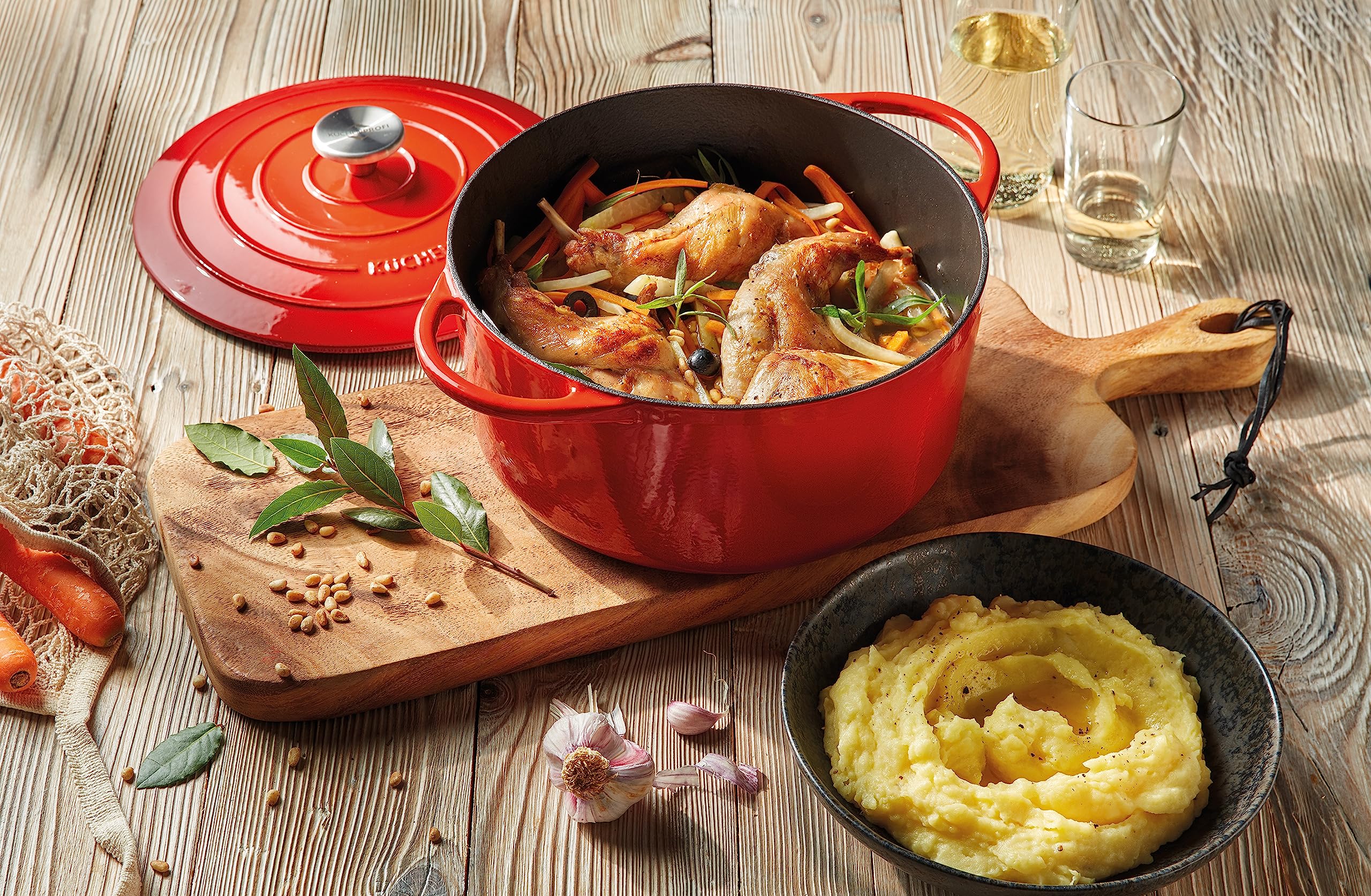 Küchenprofi Gietijzeren braadpan met zwart deksel 20 cm, braadpan, braadpan, nederlandse oven, geëmailleerde broodpan, alle warmtebronnen (inclusief inductie), voor stoven, bakken, braden