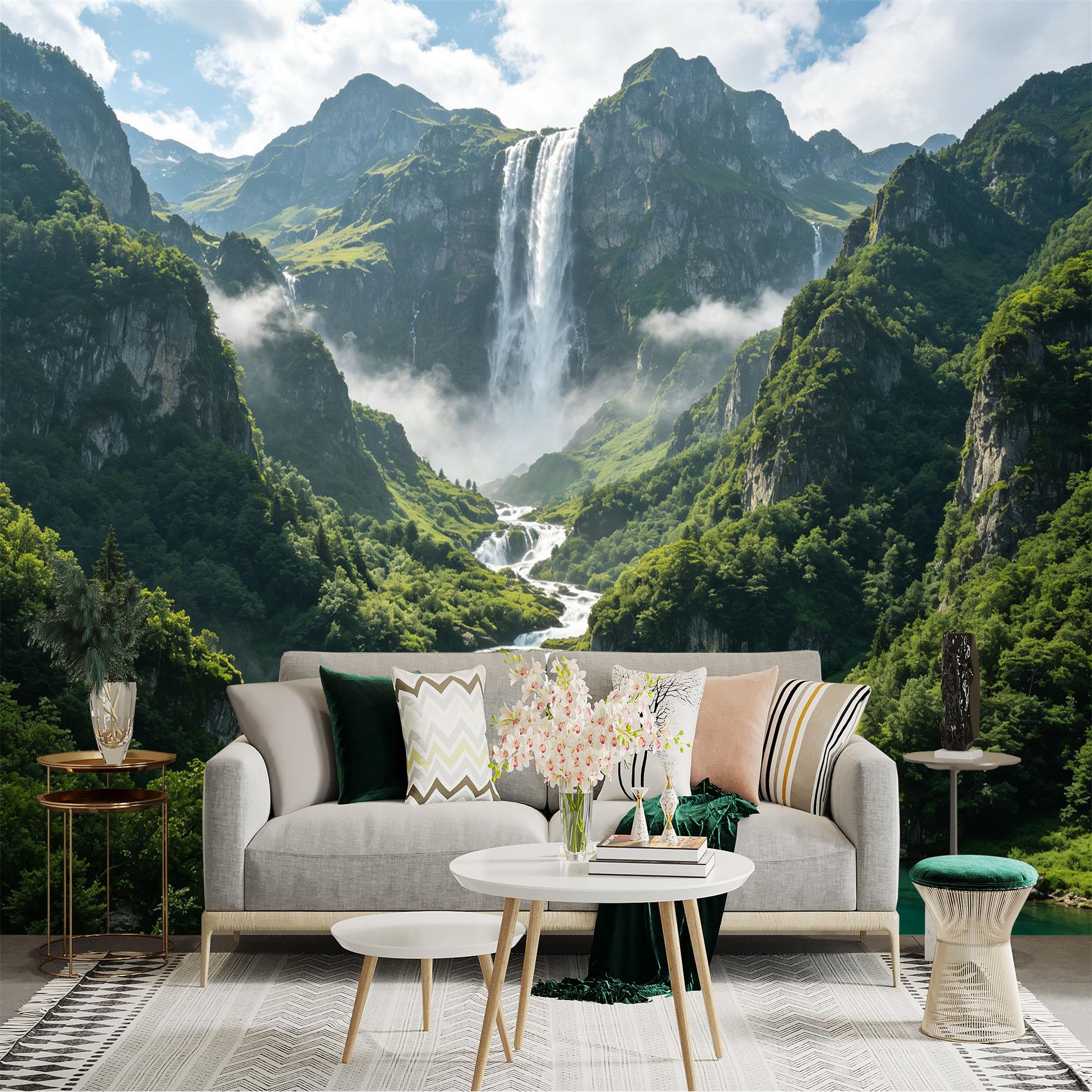 Custom Size Wall Sticker Mural， Majestic Waterfall in Alpine Valley， Lush Green Mountains， Mist and Clear River， for wall Decoration， peelandstick wall Decals.