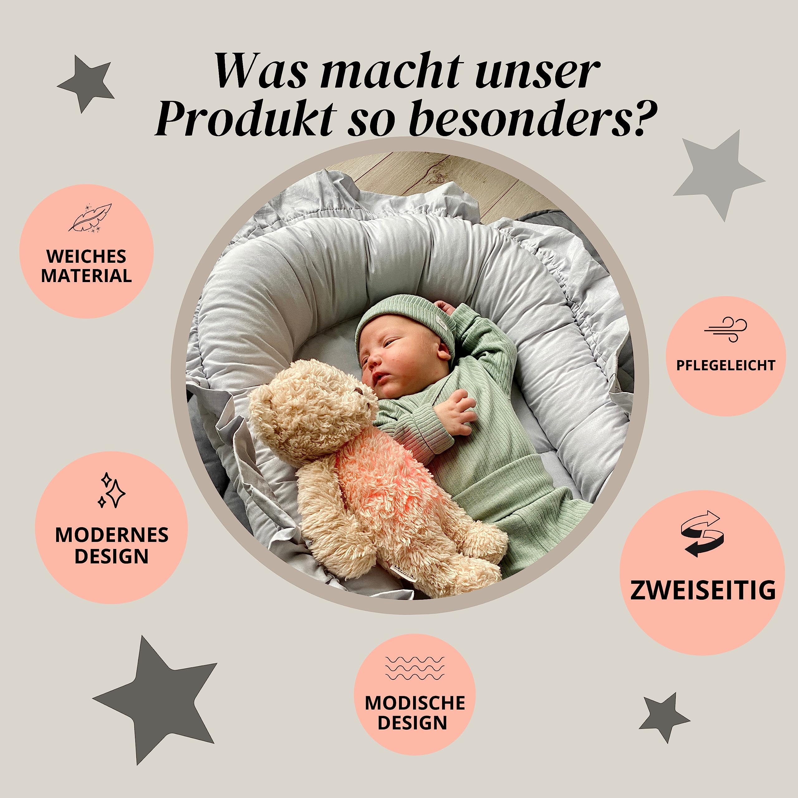 PIMKO Babynest met ruches babynestje voor baby's, knuffelnest