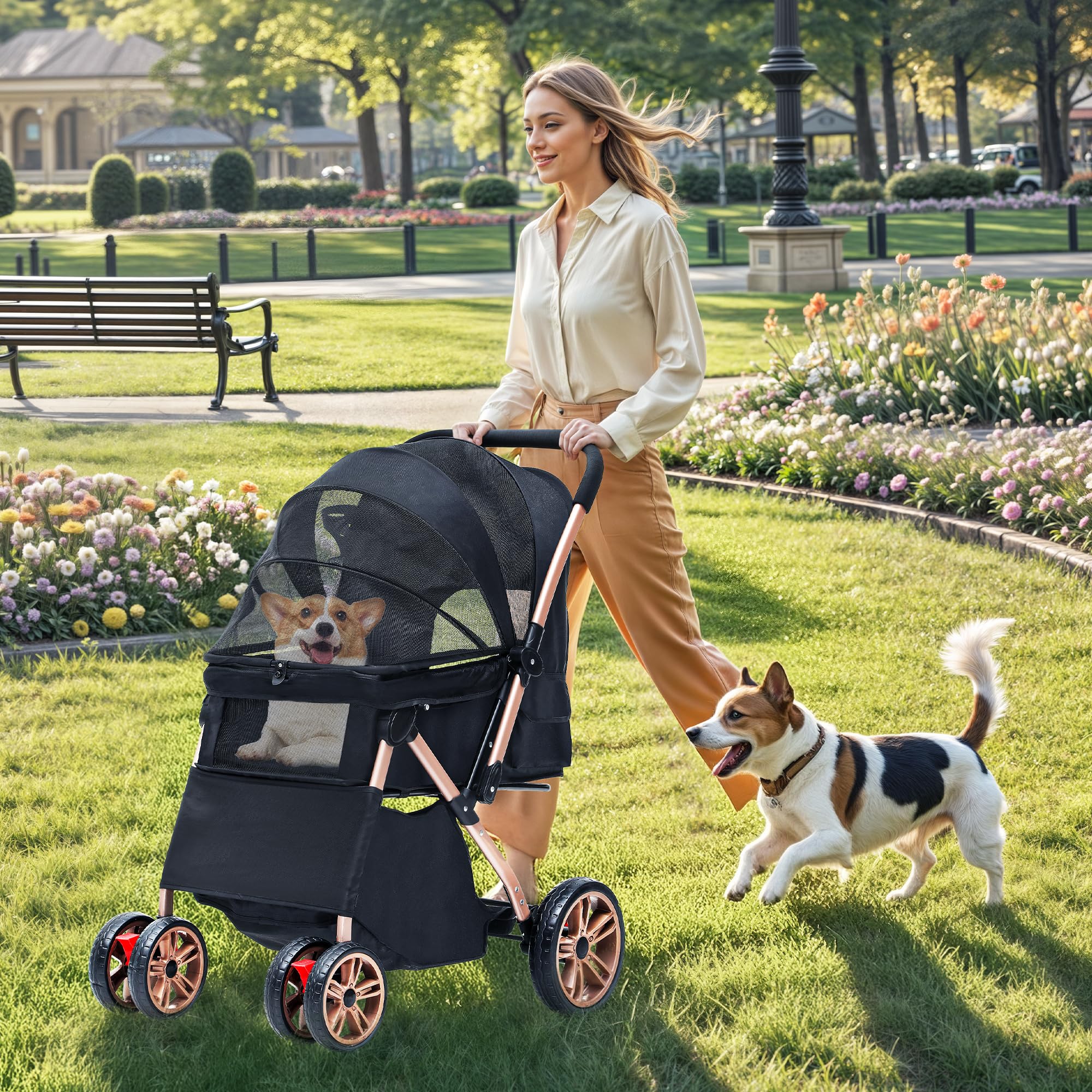DWVO Poussette 3 en 1 pour Chien et Chat - Pliable jusqu'à 22 kg - Roues EVA Résistantes à l'Usure à 360° - Panier de Rangement - Fenêtre en Filet - 58,5 x 76 x 105 cm