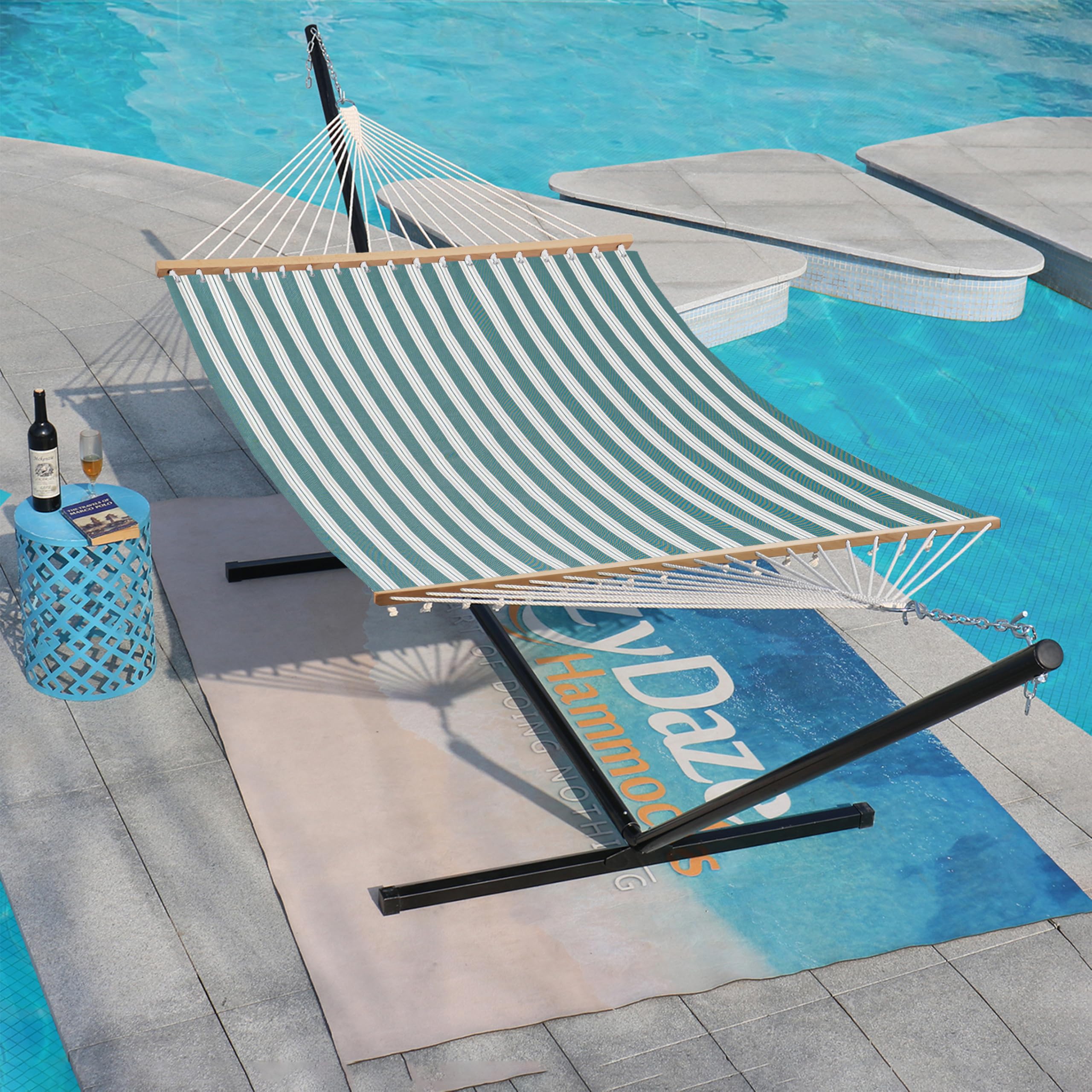 Lazy Daze Hammocks Hamaca de secado rápido con barra separadora, hamaca doble para 2 personas con cadenas al aire libre, patio, piscina, patio, playa, capacidad de 450 libras, rayas verdes