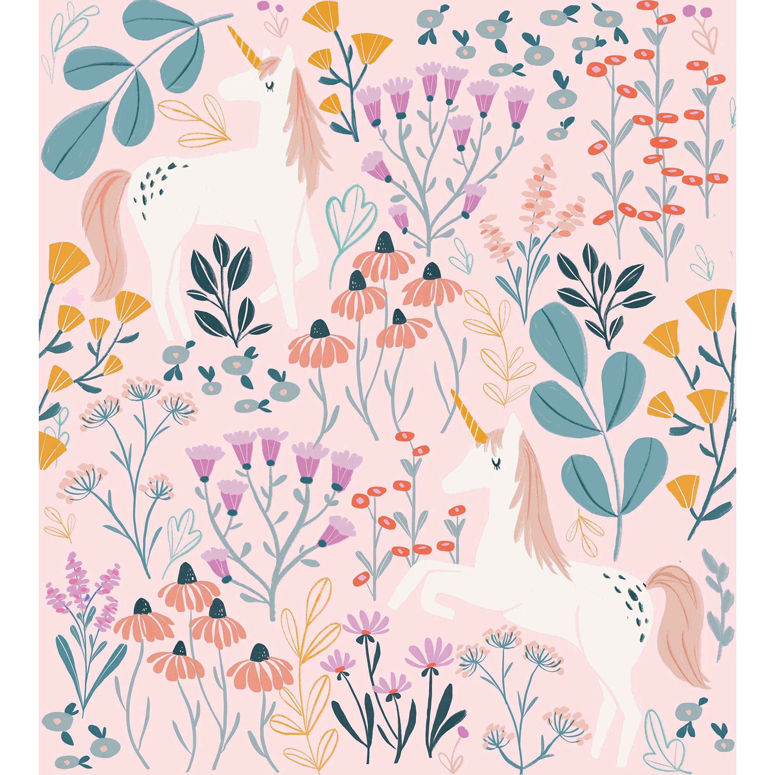 RoomMates RMK11793RL Pink and Green Unicorn Paradise Peel and Stick Wallpaper