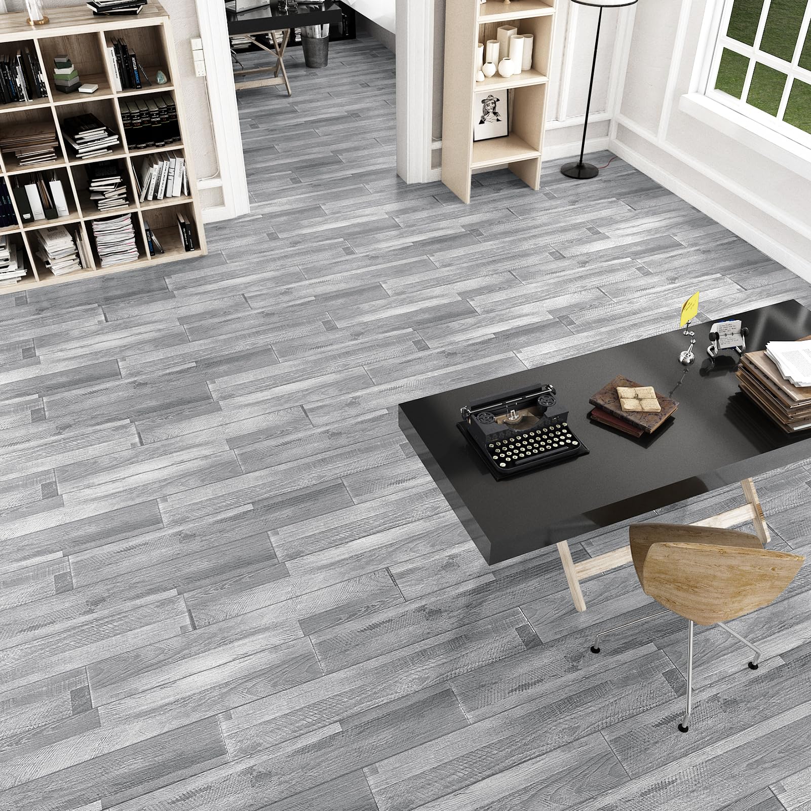 WESTICK Lot de 20 carreaux de sol amovibles imperméables en linoléum pour camping-car, cuisine, chambre à coucher, garge - Gris - 15,2 x 91,4 cm
