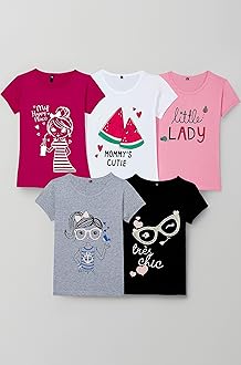 Girls Cotton Printed Regular Fit T-Shirt (Pack of 5)