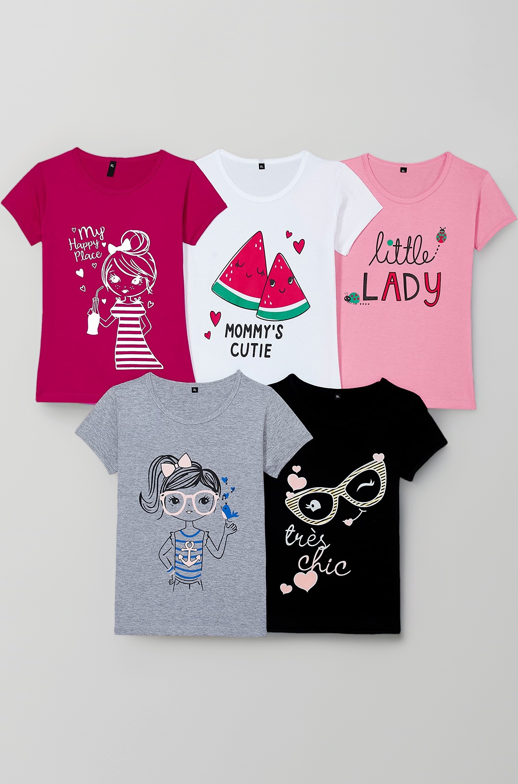 Girls Cotton Printed Regular Fit T-Shirt (Pack of 5)