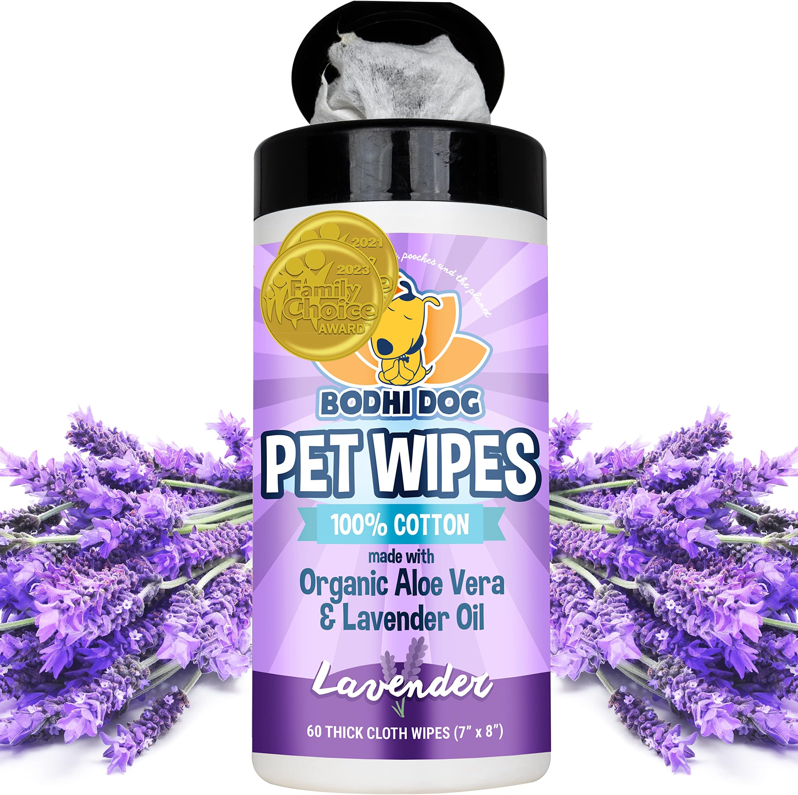 Pet Wipes - Grooming, Cleaning and Deodorizing Wipes for Dogs & Cats - No Parabens or SLS - Large, Thick, Wet Wipes - Wipe Away Pet Odors & Refreshes Coat - Lavender Scent (60 Count)