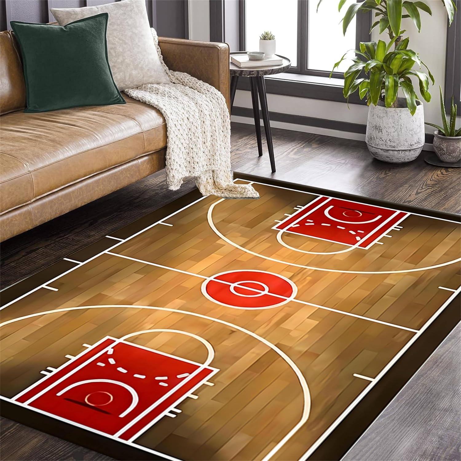 Basketball Print Rug Red Brown Court Sport Area Rug Sports Theme Modern Household Non-Slip Floor Mat Living Room Bedroom Nursery Classroom Accent Rug Retro Kids Play Gaming Carpet, 4x6ft