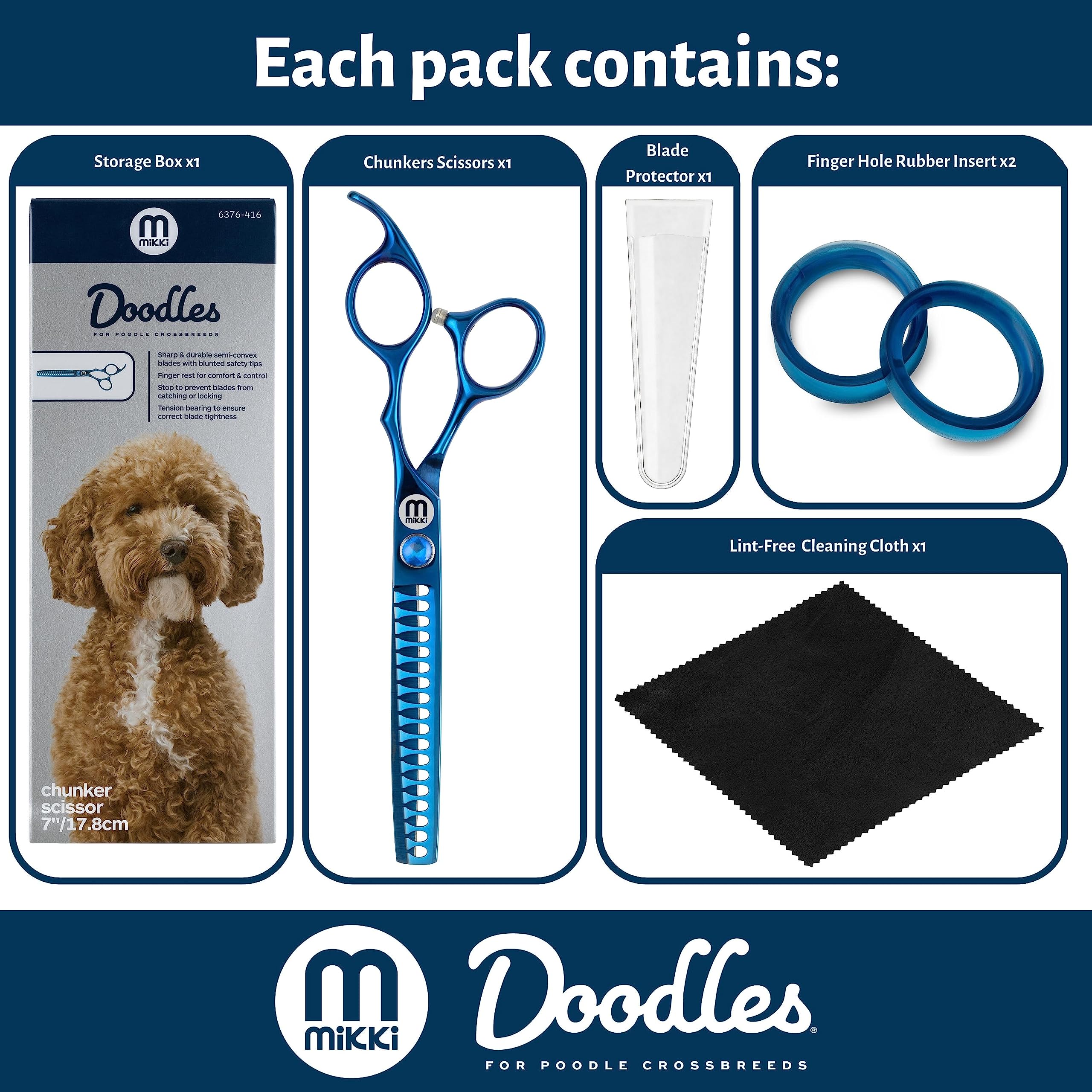 Mikki Doodle, Perro, Cachorro Chunker Tijeras de Acabado, Afiladas y Duraderas Cuchilla Semi-Convexa, Puntas de Seguridad Despuntadas, Tornillo de Tensión Ajustable para Control y Precisión, 17.8cm