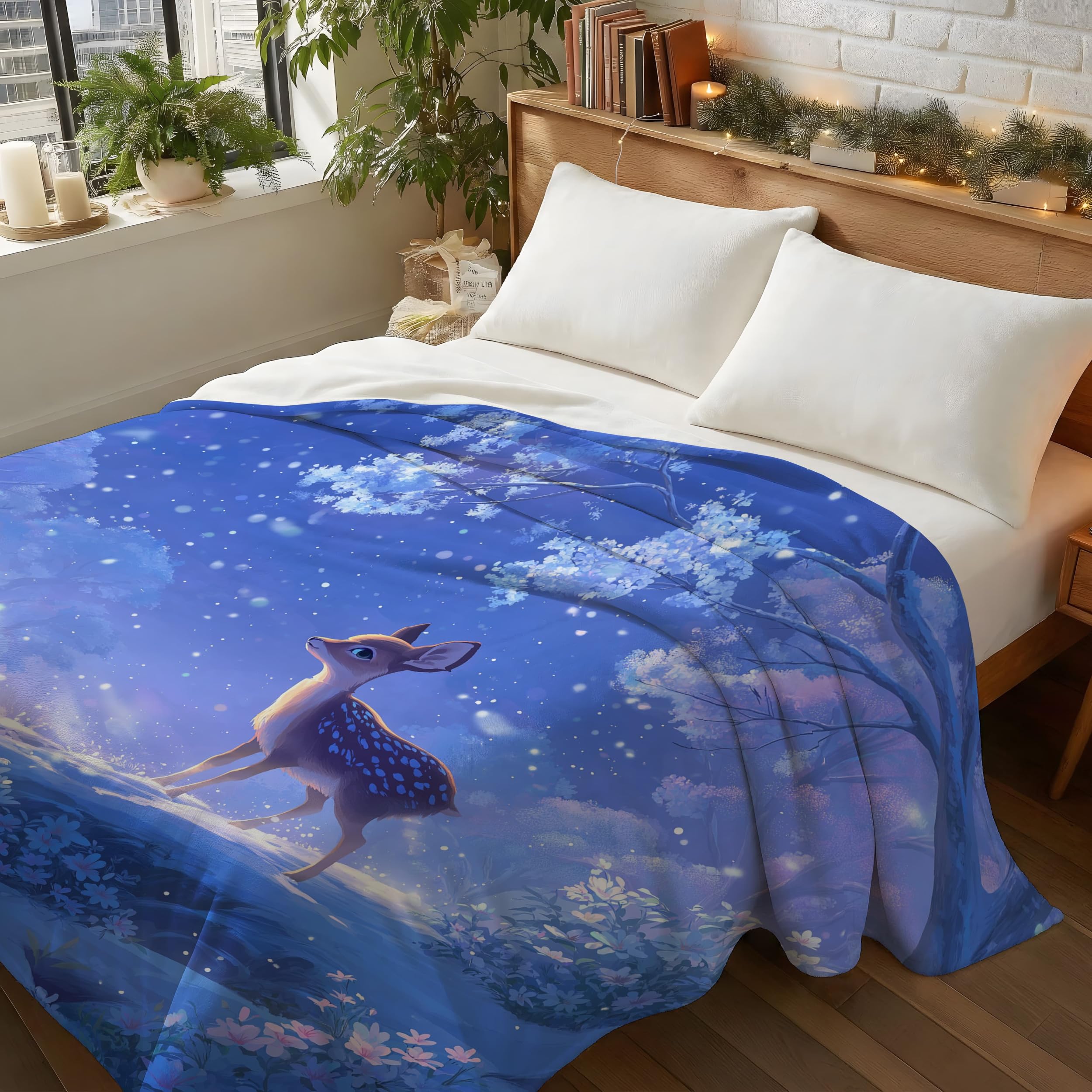Genérico Lodowy niebieski miękki puszysty koc, flanelowy ciepły koc polarowy z nadrukiem, anime marzony jeleń gruby przytulny lekki koc na łóżko sofa krzesło 220 x 270 cm