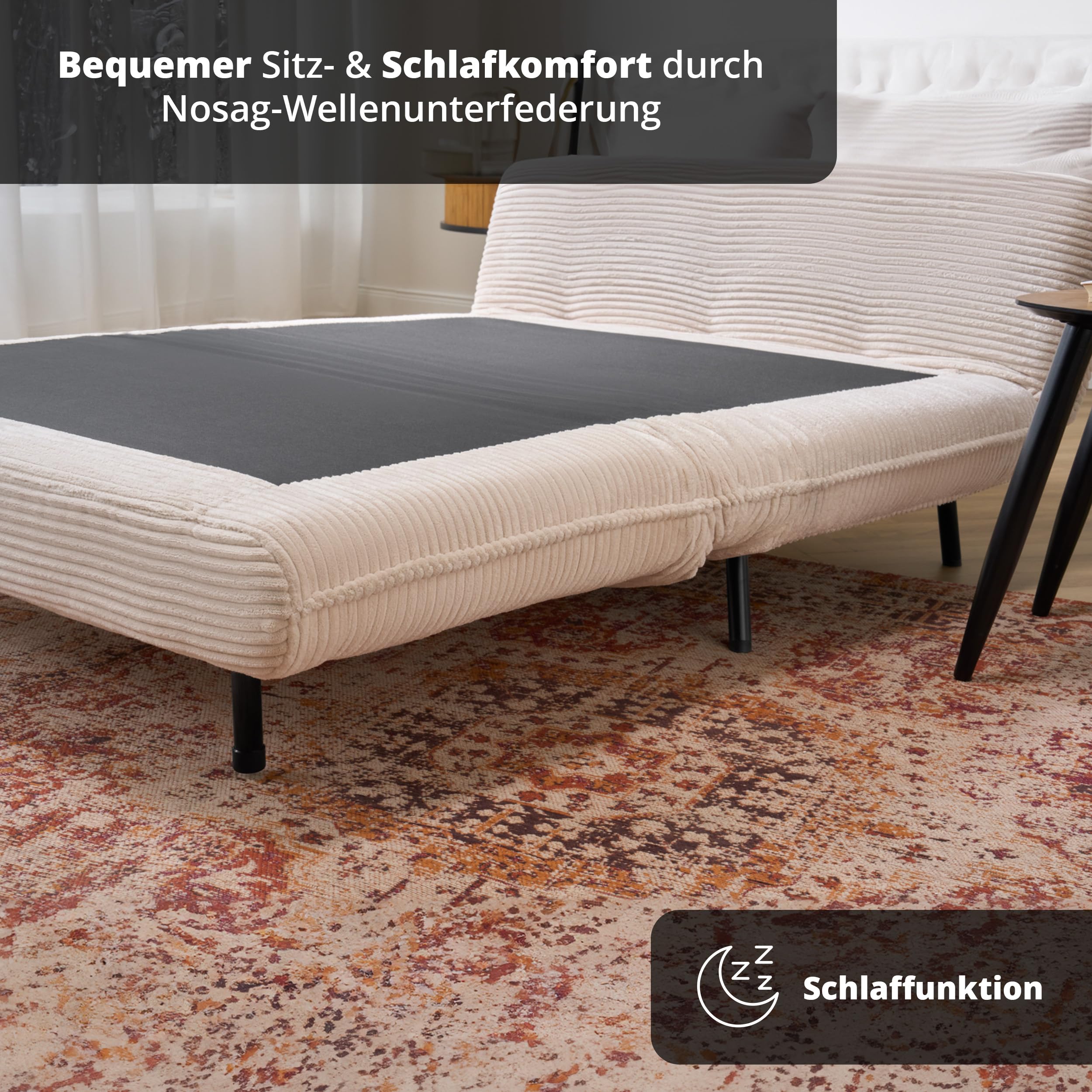 KHG Schlafsessel Beige - Liegefläche ca. 193x108 cm, Sitzhöhe 42 cm, Cordstoff, Relax- und Schlaffunktion, Nosag-Wellenunterfederung, inkl. Nierenkissen, modernes Design