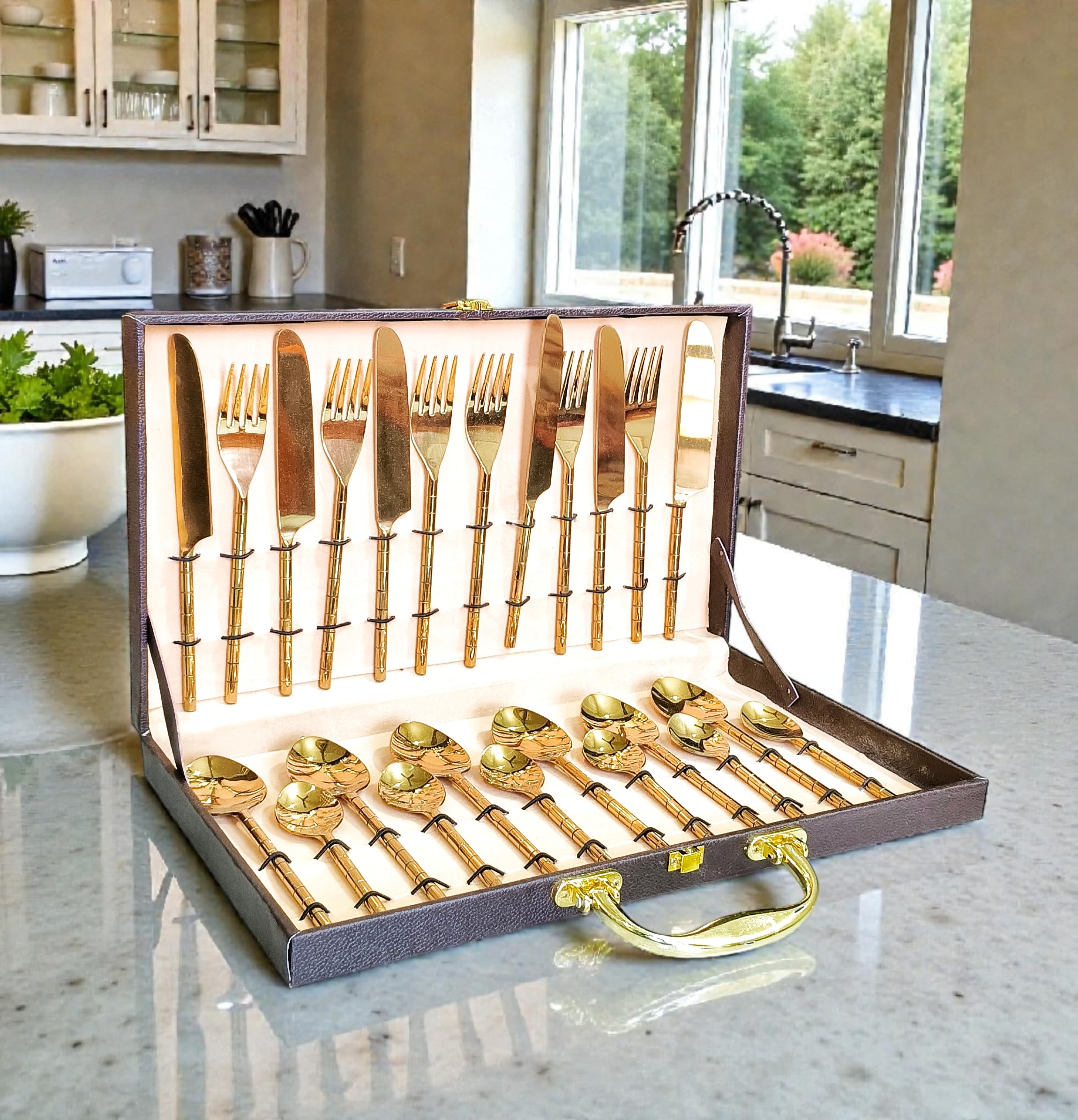 PITAL NAGRI ECRAFT Pure Brass Royal Cutlery Set with Velvet Box Gold Finish Set of 24 Flatware for Dining Table Dinnerware Serve Ware [Dinner Fork-Tea Spoon-Salad Spoon-Knife]