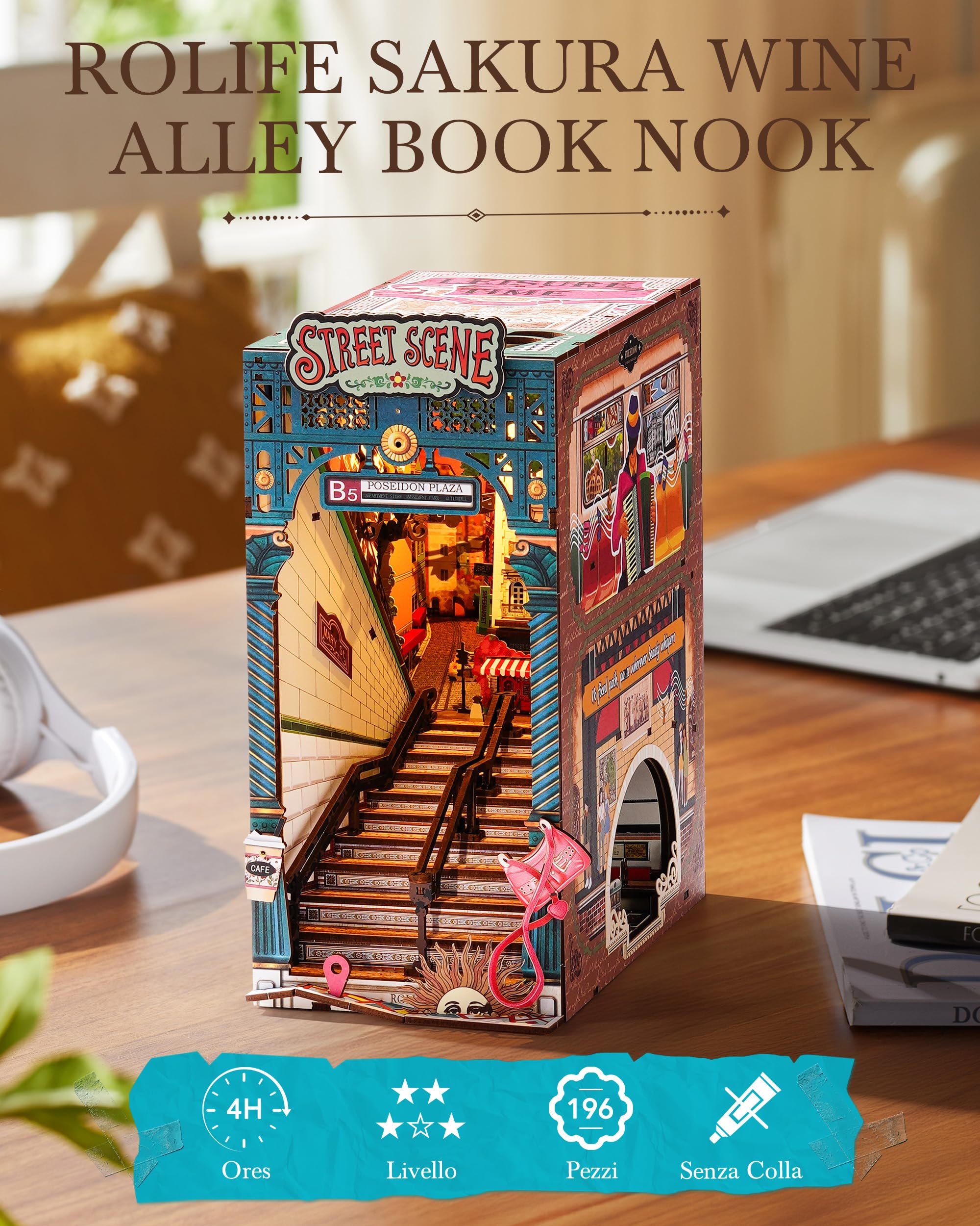 Rolife Book Nook Kit Miniature da Costruire DIY Booknook Street Scene 3d Puzzle Legno con Luci Decorazione Libreria Casa Modellismo da Costruire Adulti Diorama Modellismo