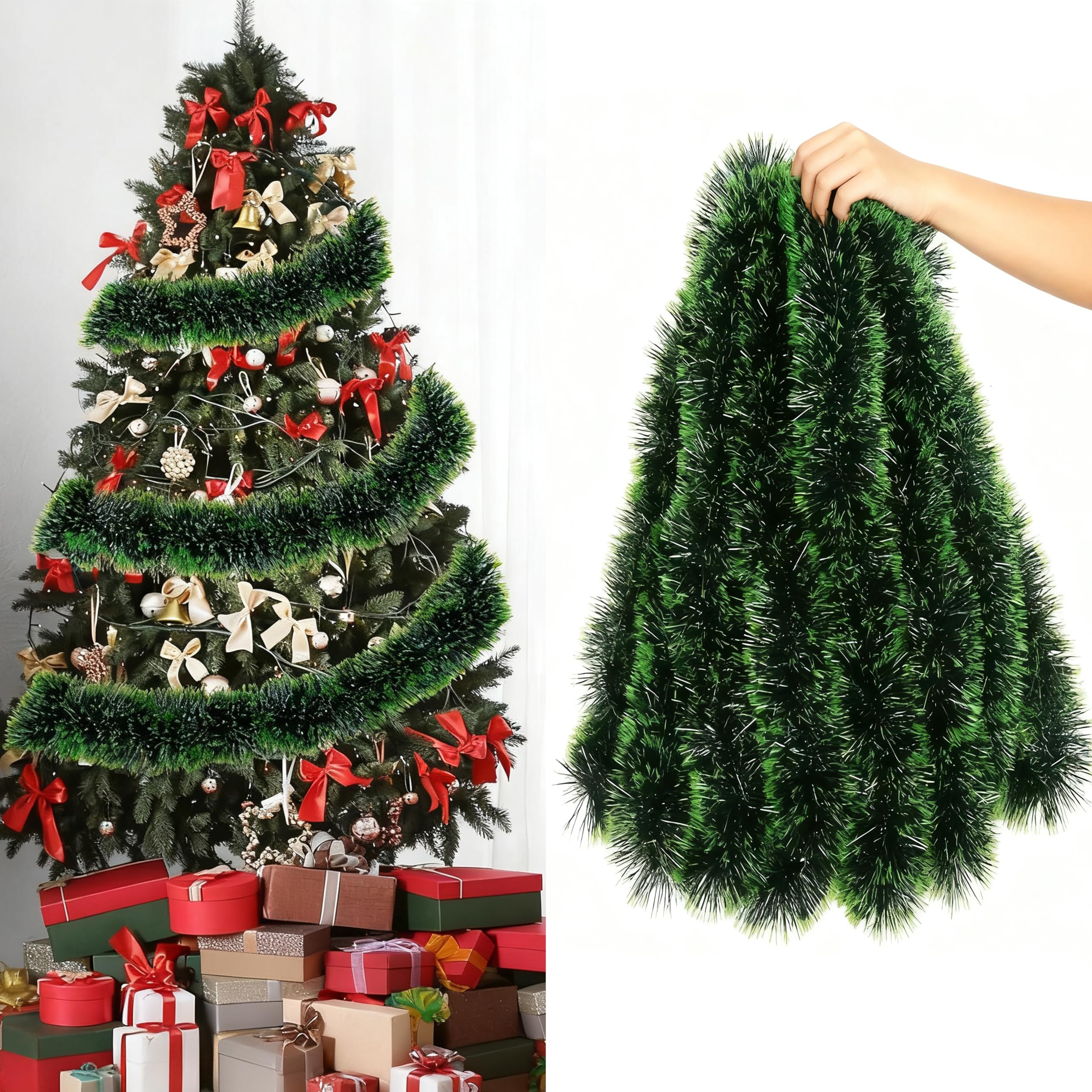10M Green Christmas Tinsel Garland, Metallic Tinsel for christmas Tree Christmas Decorations Xmas Garland for Stairs Fireplaces Indoor Outdoor (Green Tinsel)