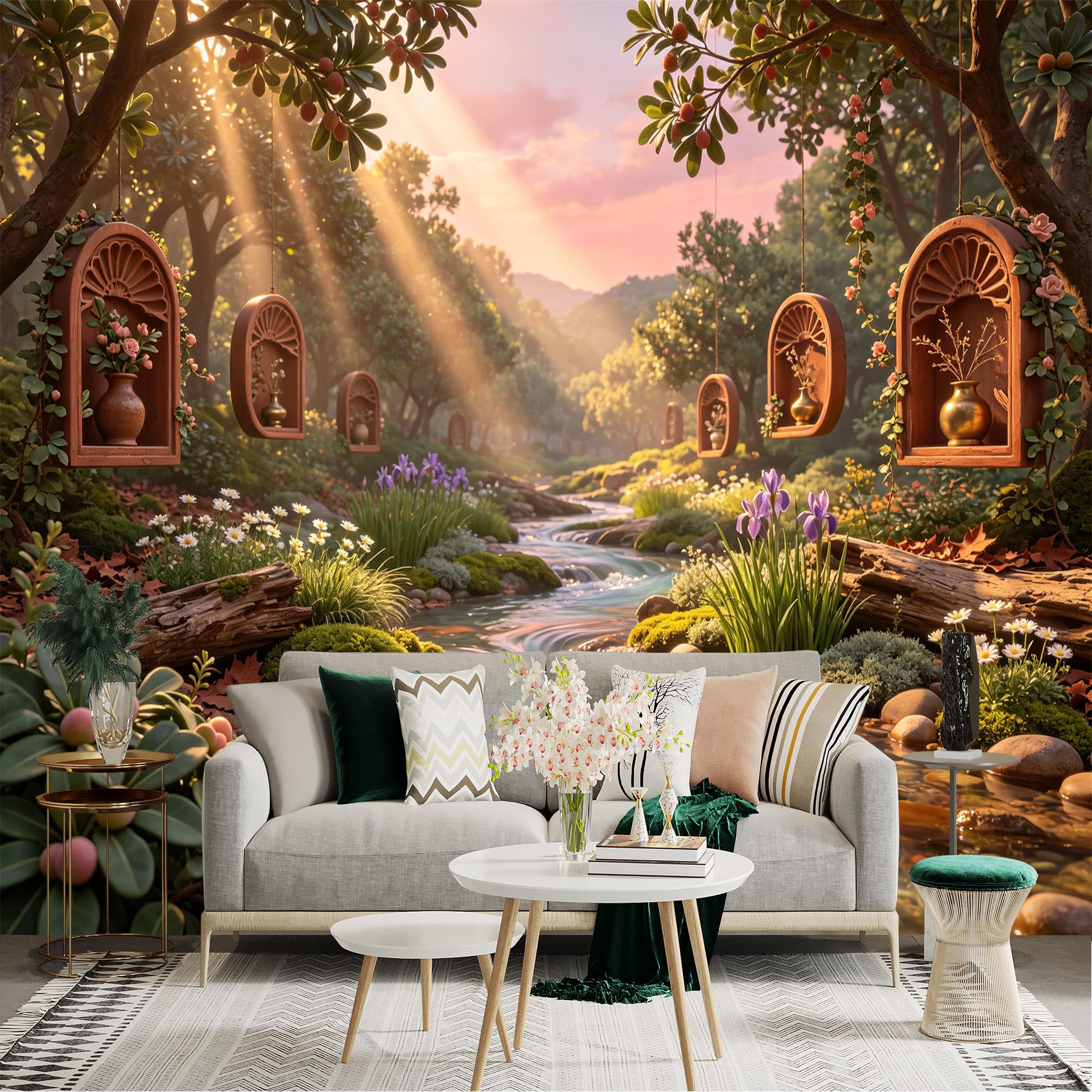 Lnzczhyre Bh260719208 Custom Size Wall Sticker Mural， Enchanted Garden With Flowing Stream， Floating Wooden Frames， Sunset Sunlight， Floral Nature Scenery， For Wall Decoration， Peelandstick Wall Decals.