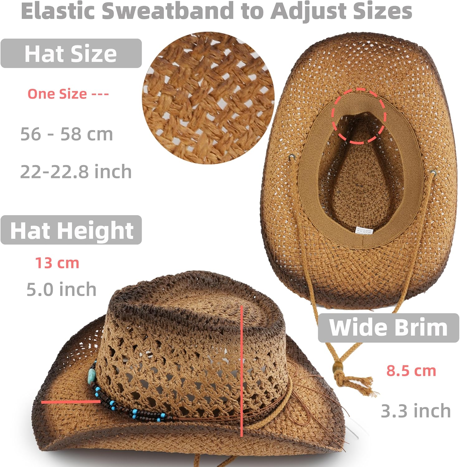 Straw Sun Cowboy Hat for Women and Men, Breathable Concert Rodeo Western Cowgirl Hat, Classic Cattleman Style