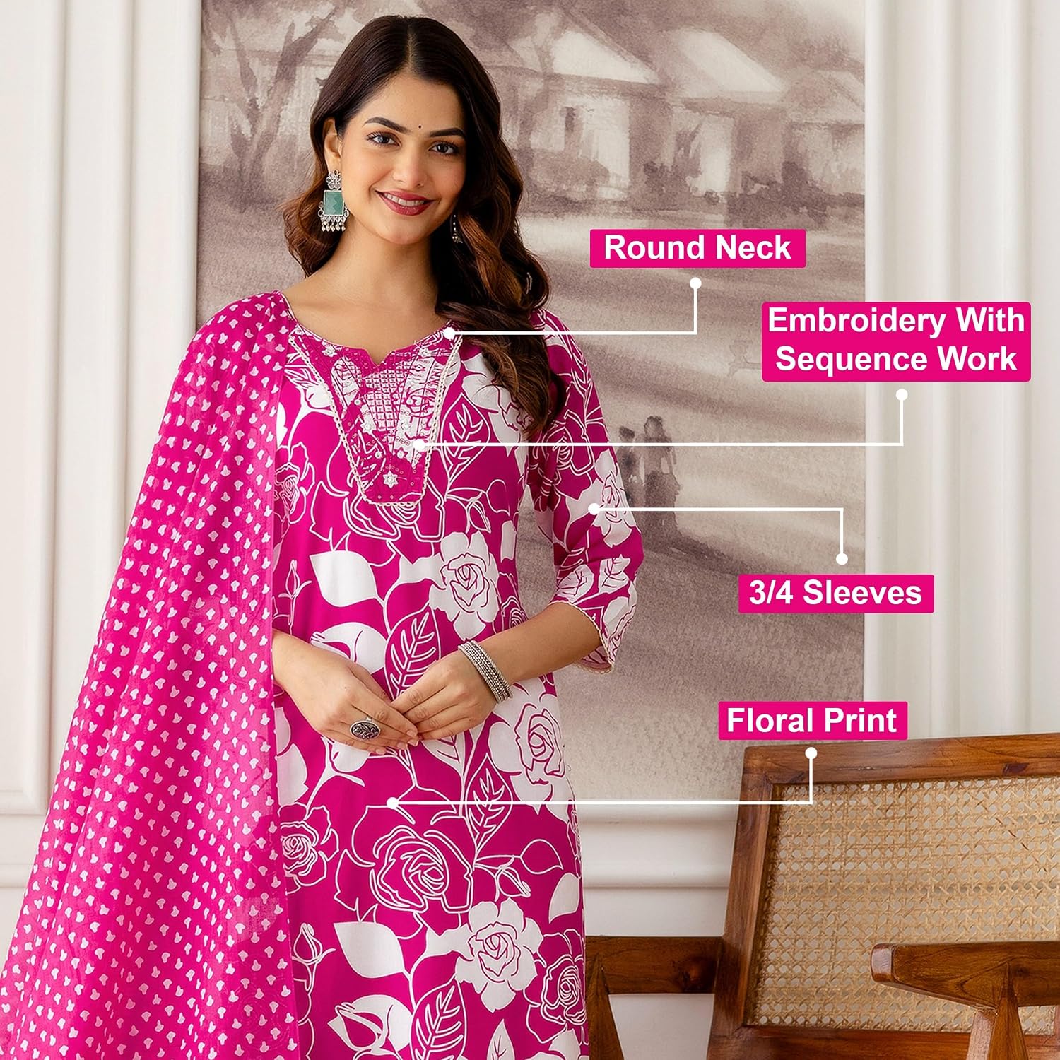 TRENDMALLS Women’s Jaipuri Pure Cotton Floral Print Kurta Pant with Dupatta Set | Embroidery Neck Work Kurta Set Ethnic Wear