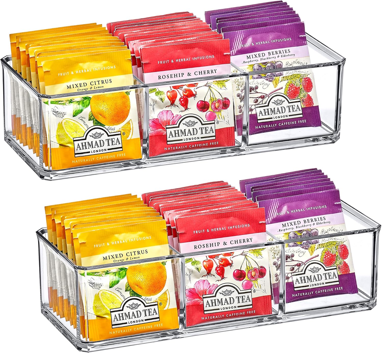 Amazing Abby - SereniTEA - 2-Pack Acrylic 3-Compartment Tea Bag Organizer, Clear Plastic Tea Box, 3-Slot Tea Chest, Perfect Tea Storage Solution for Kitchen Cabinet, Countertop, Pantry, and More