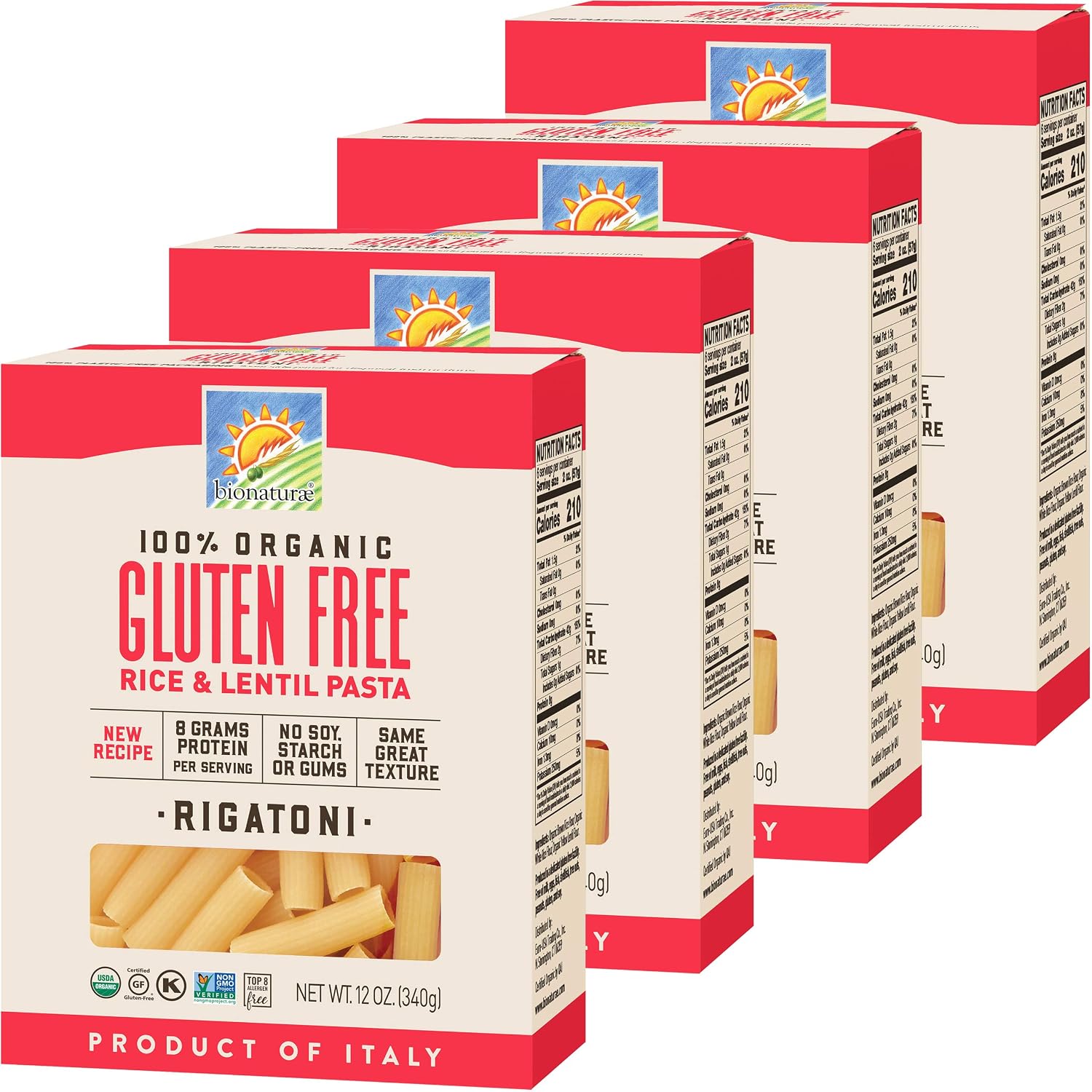 Bionaturae Rigatoni Pasta Noodles - Gluten Free Rigatoni Pasta Organic, Rice & Lentil Pasta, Kosher, High Protein, Non-GMO, Gluten Free Pasta Organic, Crafted in Italy - 12 Oz, 4 Pack