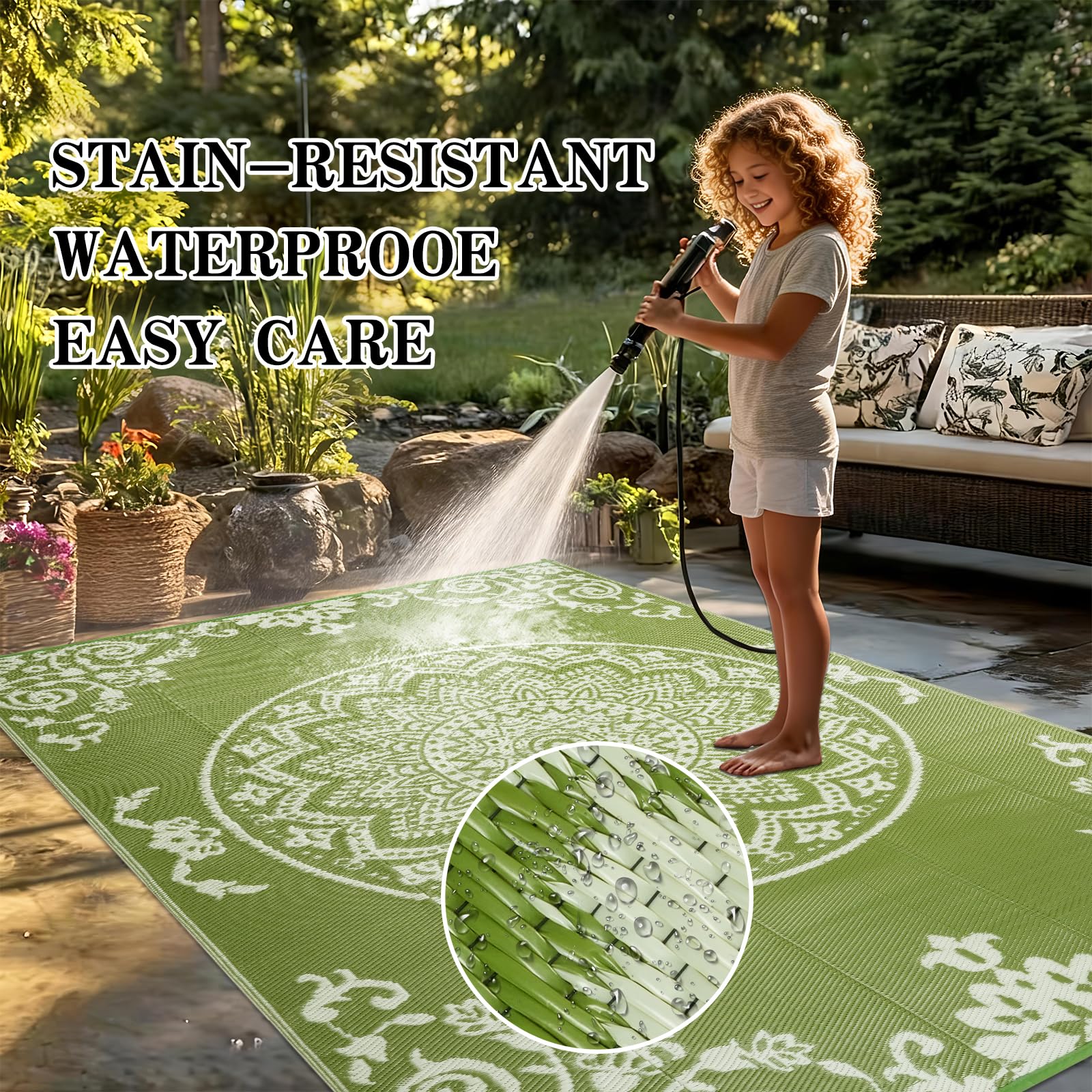 Homcomodar Tappeto per esterni, resistente alle intemperie, 180 x 270 cm, lavabile, in plastica, resistente ai raggi UV, per giardino, patio, balcone, terrazza, barbecue, piscina, cortile (erba)