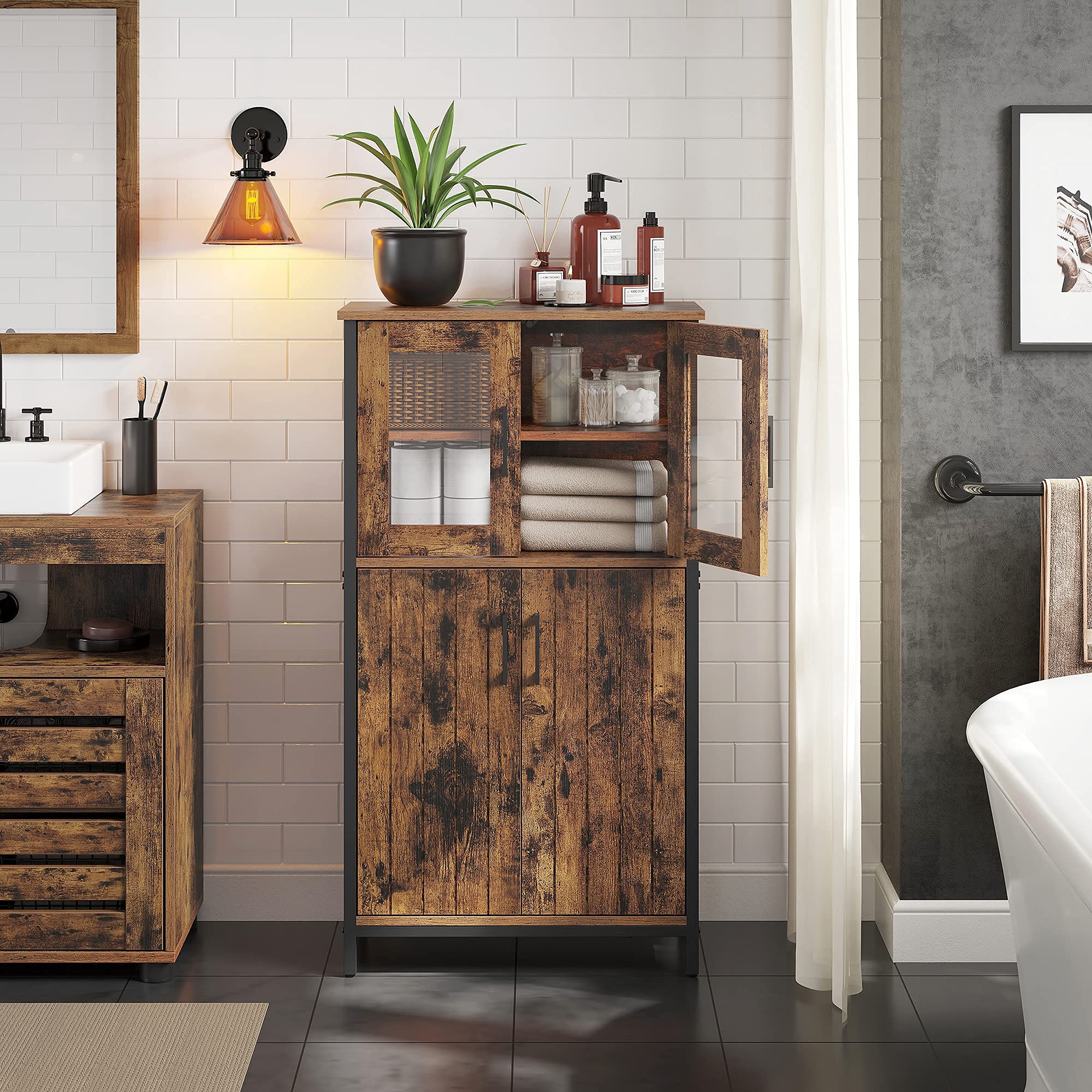 VASAGLE Mobiletto Multiuso, Armadietto, Credenza, Ripiano Regolabile, Mobile da Bagno, Struttura in Acciaio, per Salotto Cucina, Stile Industriale, Marrone Vintage e Nero LSC260B01