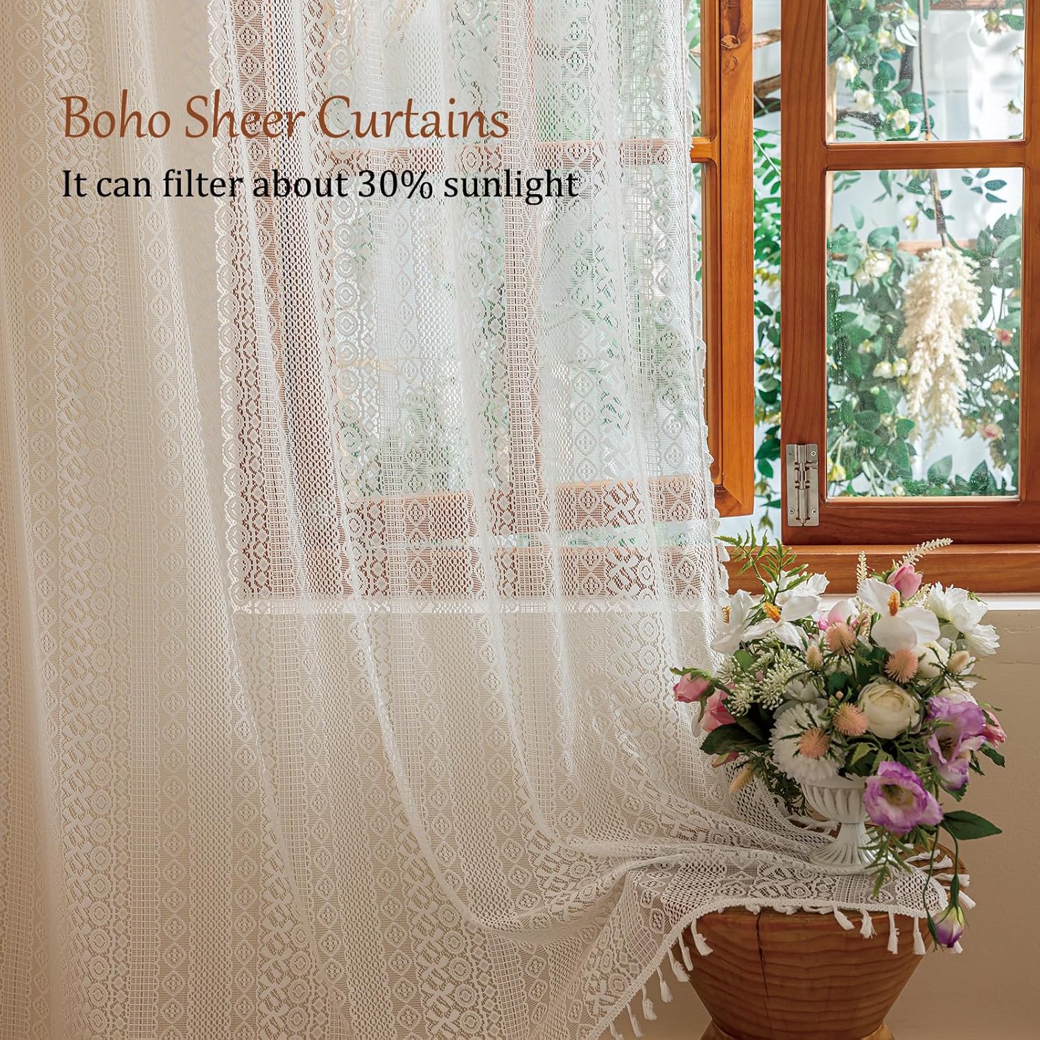 Sutuo Home Boho Lace Curtains 84 Inches Long for Bedroom&Living Room, Bohemian Crochet Privacy Farmhouse Vintage Chic Tassels Ivory Retro Window Sheer Curtains Decor Rod Pocket, 2 Panels 50" W,White