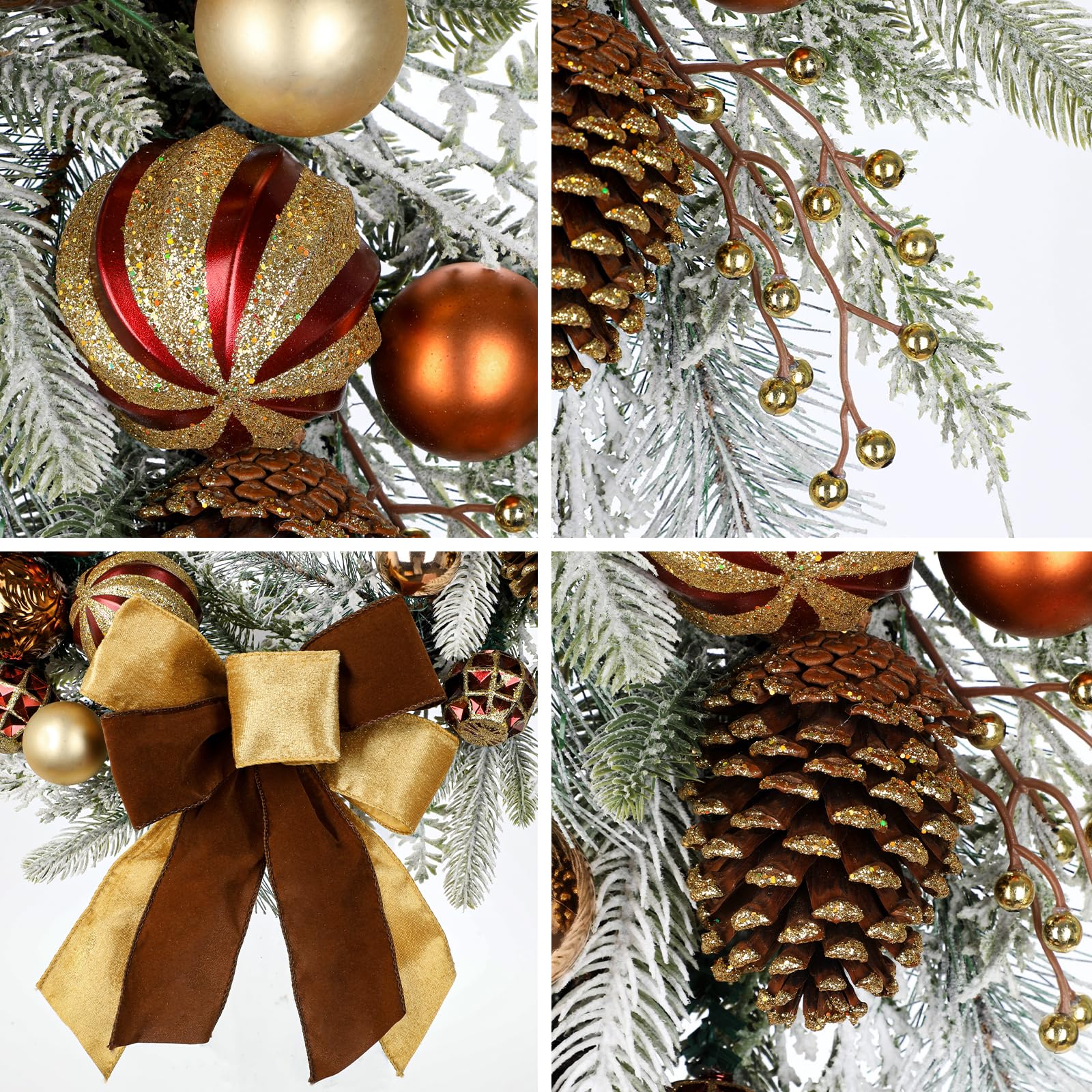 Weihnachtskranz Türkranz für Weihnachten - Brauner-Grüner Adventskranz mit Weihnachtskugeln, Beeren, Tannenzapfen und Schleife, Dekokranz Weihnachtsdeko Tischkranz, Ø 60CM