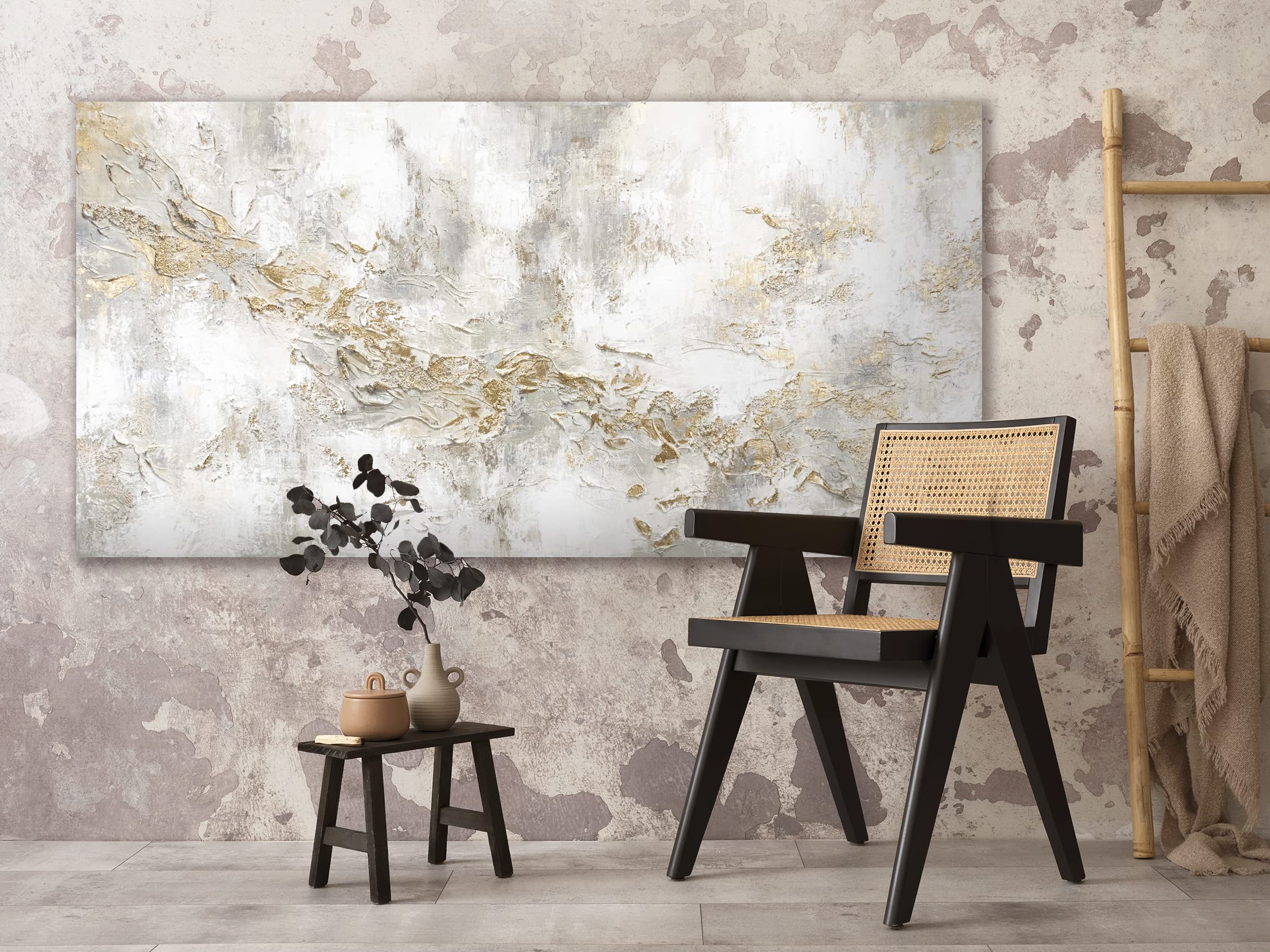 YS-Art Quadro Dipinto a Mano – Bianco Oro Lusso Astratto, Acrilico Moderno Materico su Tela, Decorazione Parete per Corridoio e Pranzo 100x50 cm