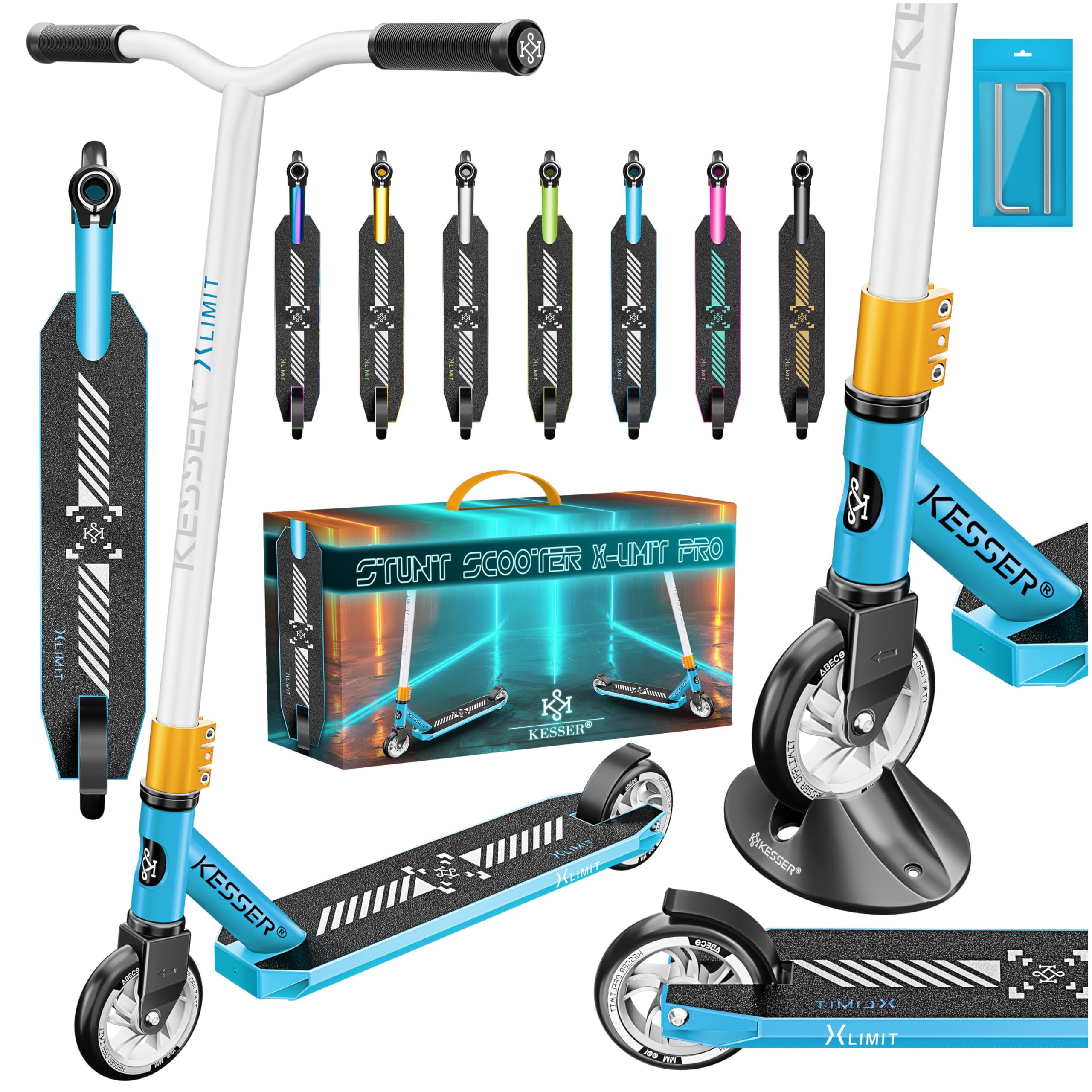 KESSER® Trougetinette de Freestyle X-Limit-Pro 360Ḟ Direction trougetinette Funscooter trougetinette de Freestyle avec béquille ABEC 9 roulements à Billes, Roues en PU 110 mm,