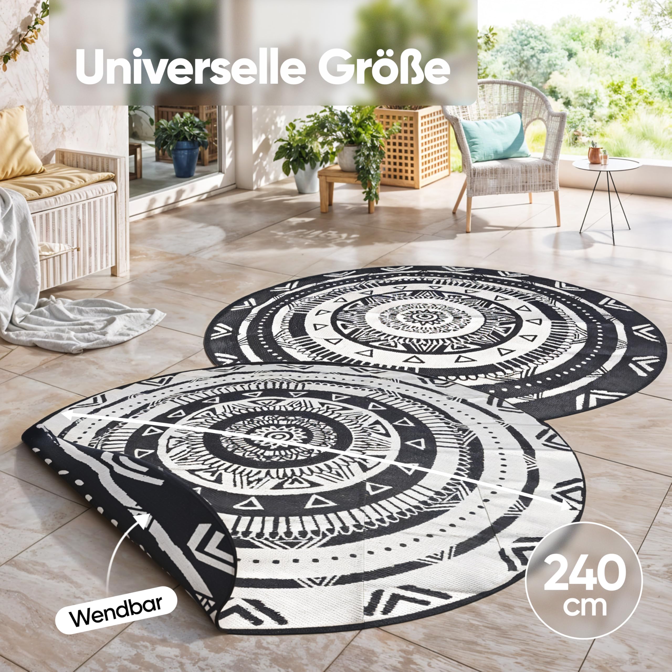 EVOCAMP Outdoor Teppich rund Ø 240 cm, Kunststoffteppich, wetterfest und leicht, Picknickdecke für den Outdoor-Bereich, Vorzeltteppich aus Kunststoff-Fasern (Schwarz-weiß) Garten