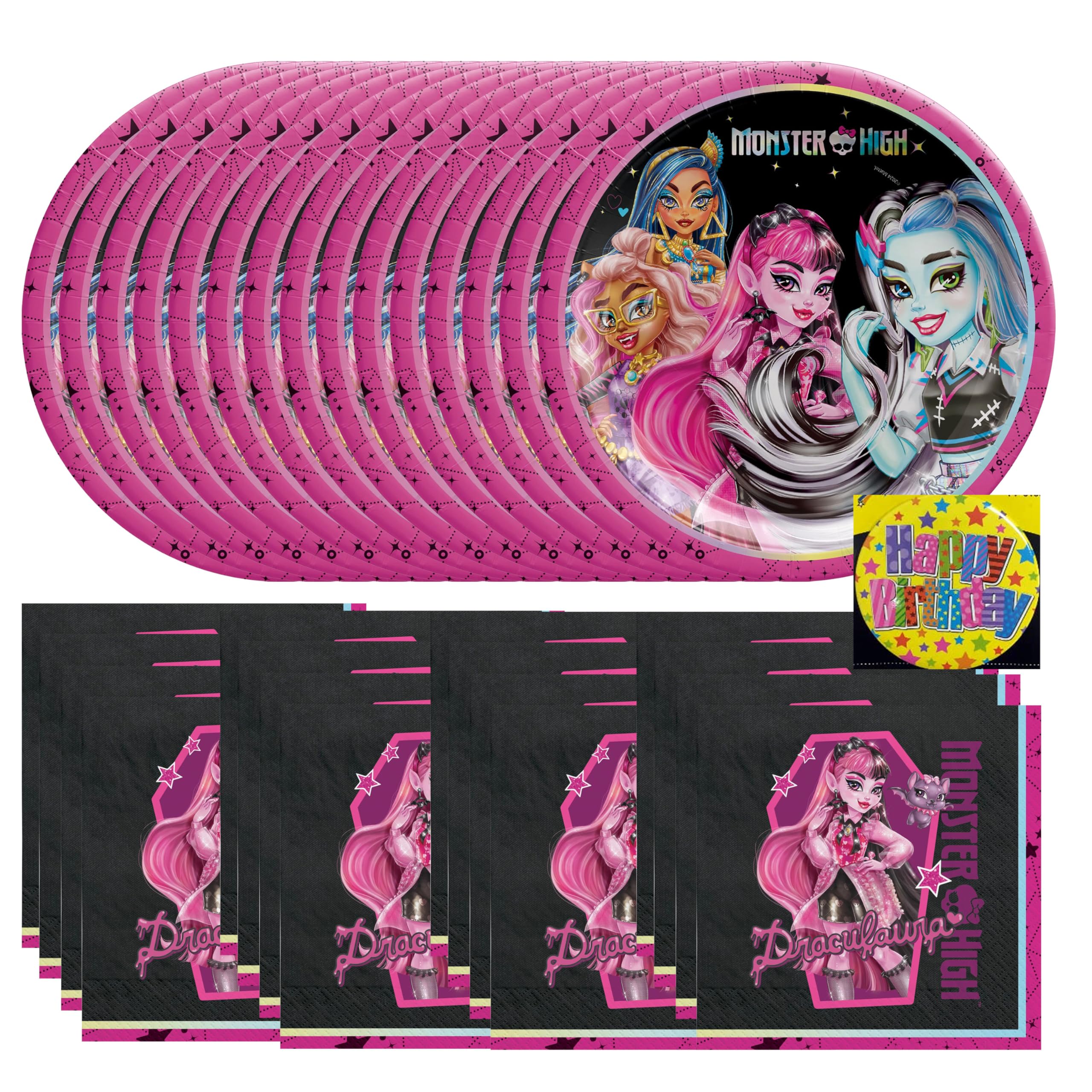 Monster High 9" Iridescent Plates and Luncheon Napkins Serves 16 | Officially Licensed | Includes Happy Birthday Button | Bundle of 3 Items