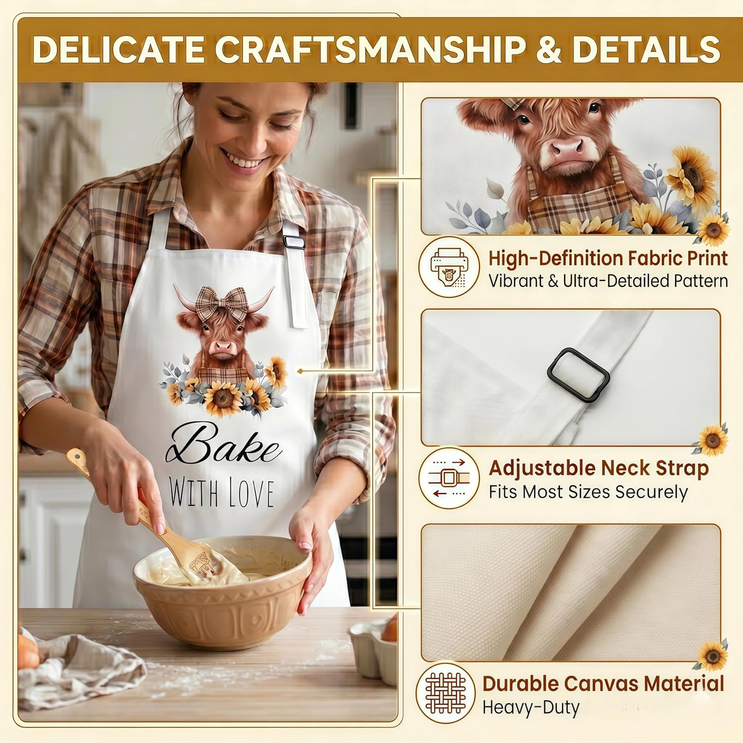 Highland Cow Kitchen Decor Set, Highland Cow Gifts for Women, 8 PCS Farmhouse Kitchen Accessories Including Apron, 2 Kitchen Towel and 5 Bamboo Cooking Utensils