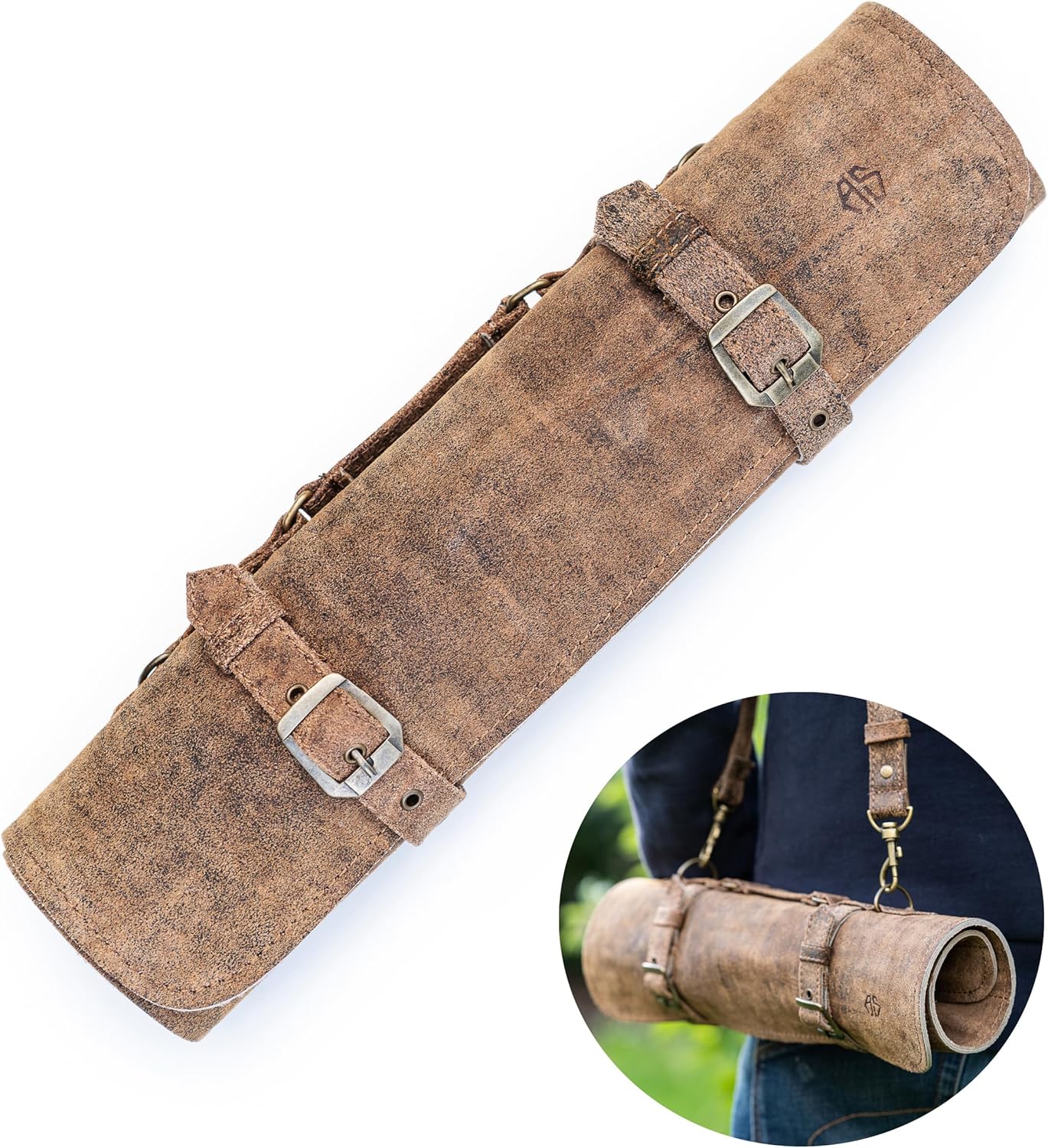 Angus Stoke Knife Roll Bag Genuine Leather – knife case for Chefs 7 slots – Leather Knife with handle and strap Frank (Brown-Antique)