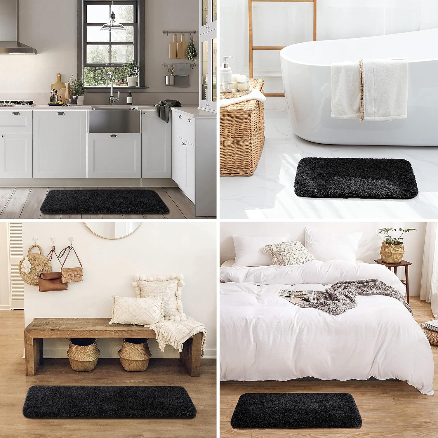 Ashler Bathroom Rugs Set of 2, Black Bath Rugs 2 Piece, Water Absorbing Bath Mat, Soft Microfiber Rectangle Bathroom Carpet, Machine Washable - 17x24 & 20x32 Inches
