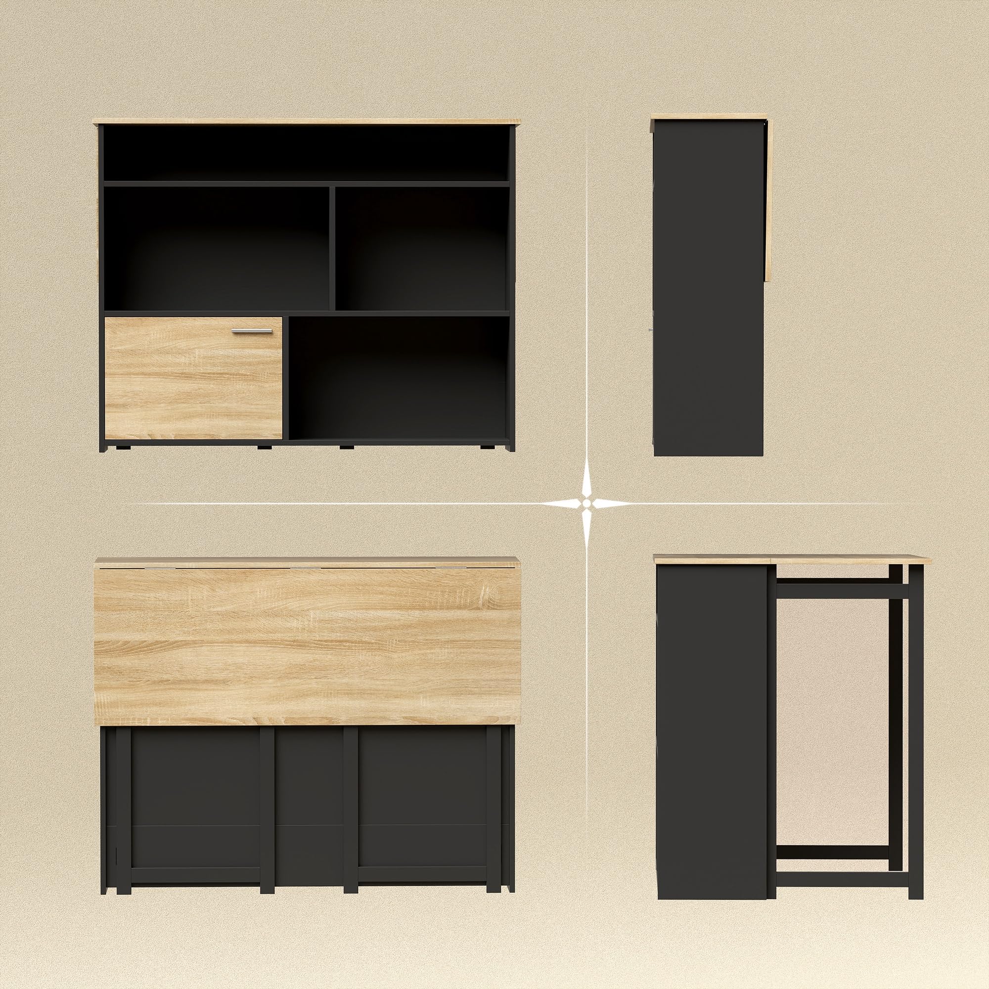 HOMCOM Table de Bar Extensible avec abattant, Table Haute Cuisine, 1 Placard à Porte et 4 Compartiments Ouverts, Style Moderne, pour Petits espaces, Salle à Manger, Salon, 116 x 79,6 x 90,5 cm, Noir