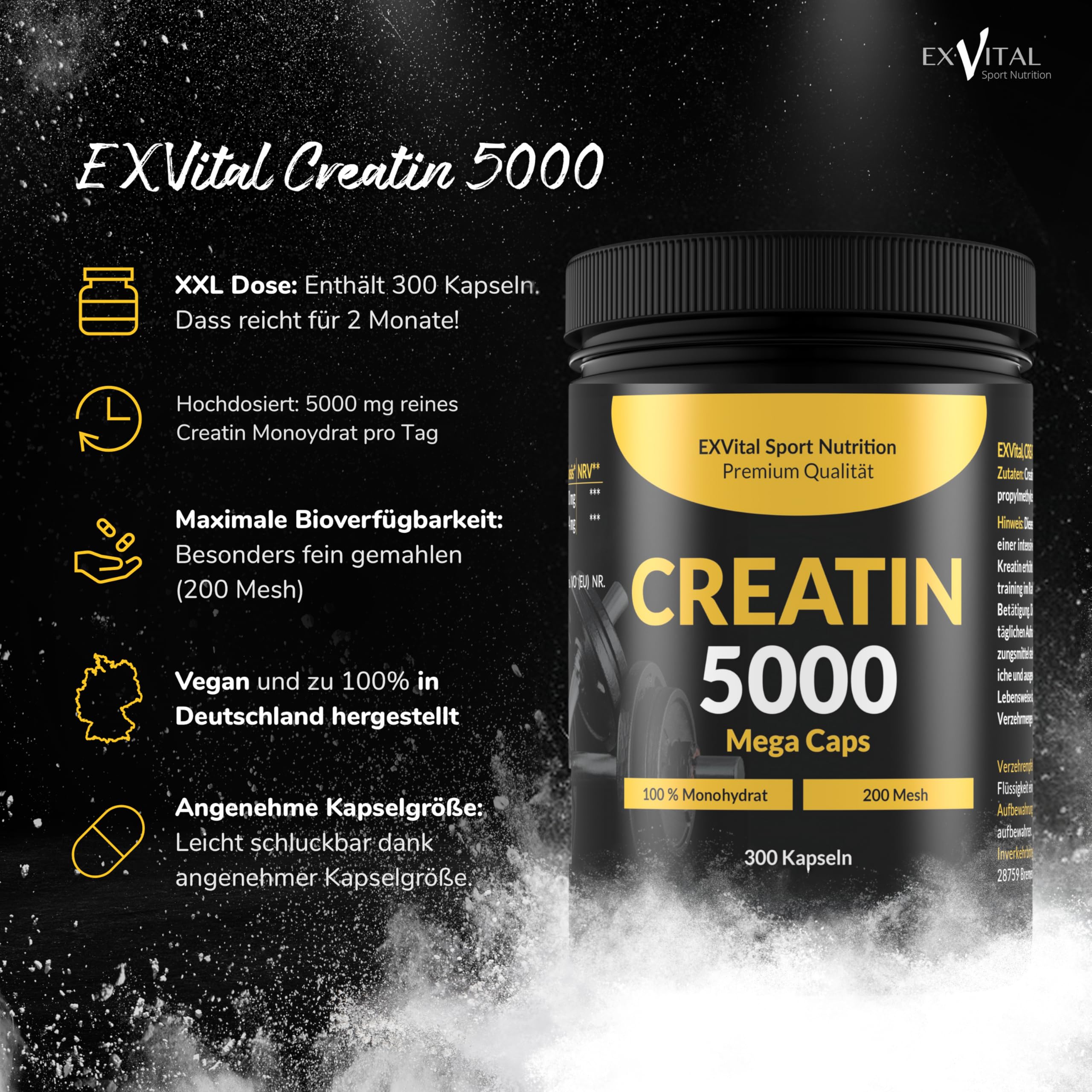 Creatina 5000 Mega Caps, 5000 mg creatina monohidratada/día, 300 cápsulas veganas, 100% pura, control laboratorio (Paquete de 2)