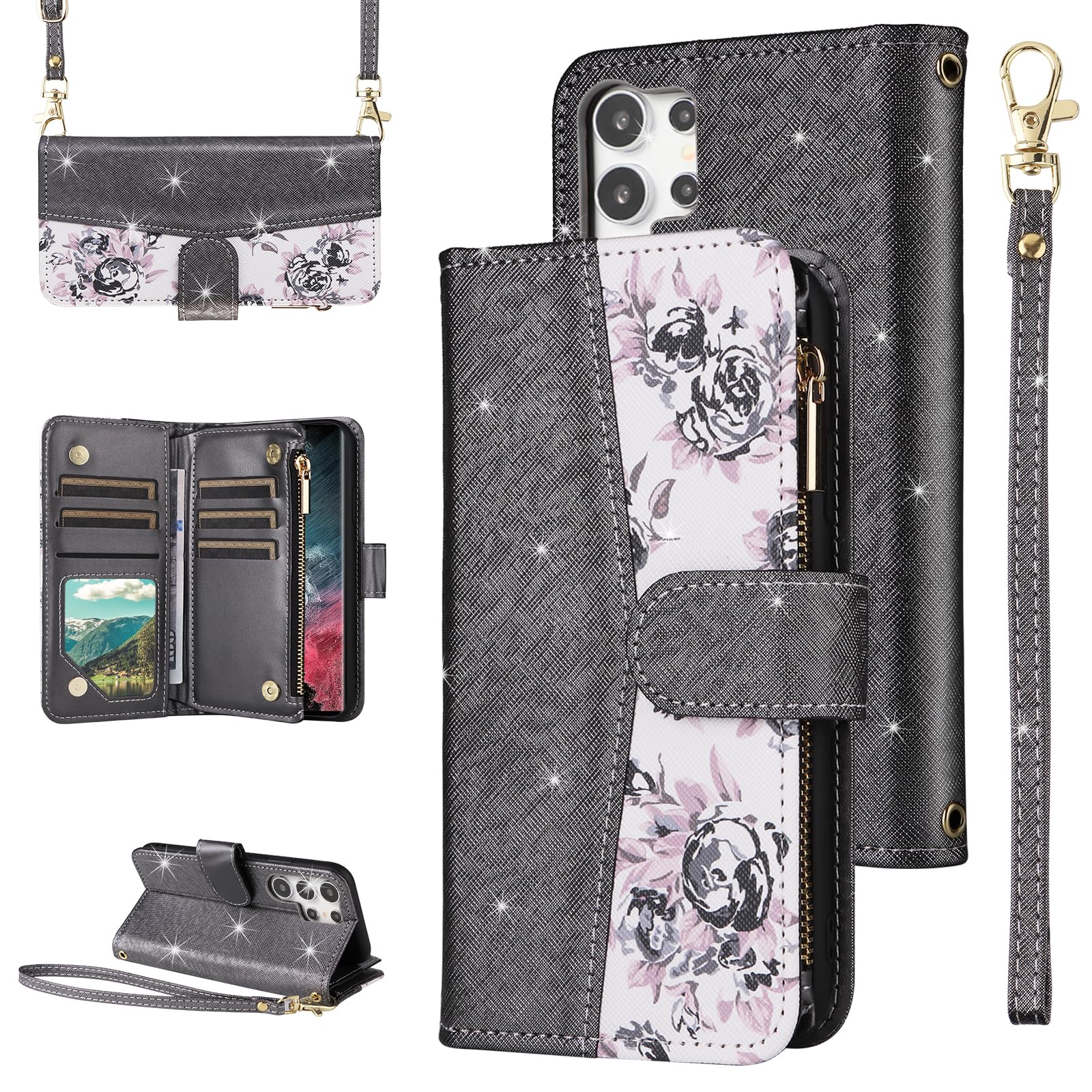 Furiet for Samsung Galaxy S22 Ultra 5G Floral Wallet Case with Flip Zipper Purse Wrist Strap Shoulder Strap PU Leather Card Holder Stand Cell Phone
