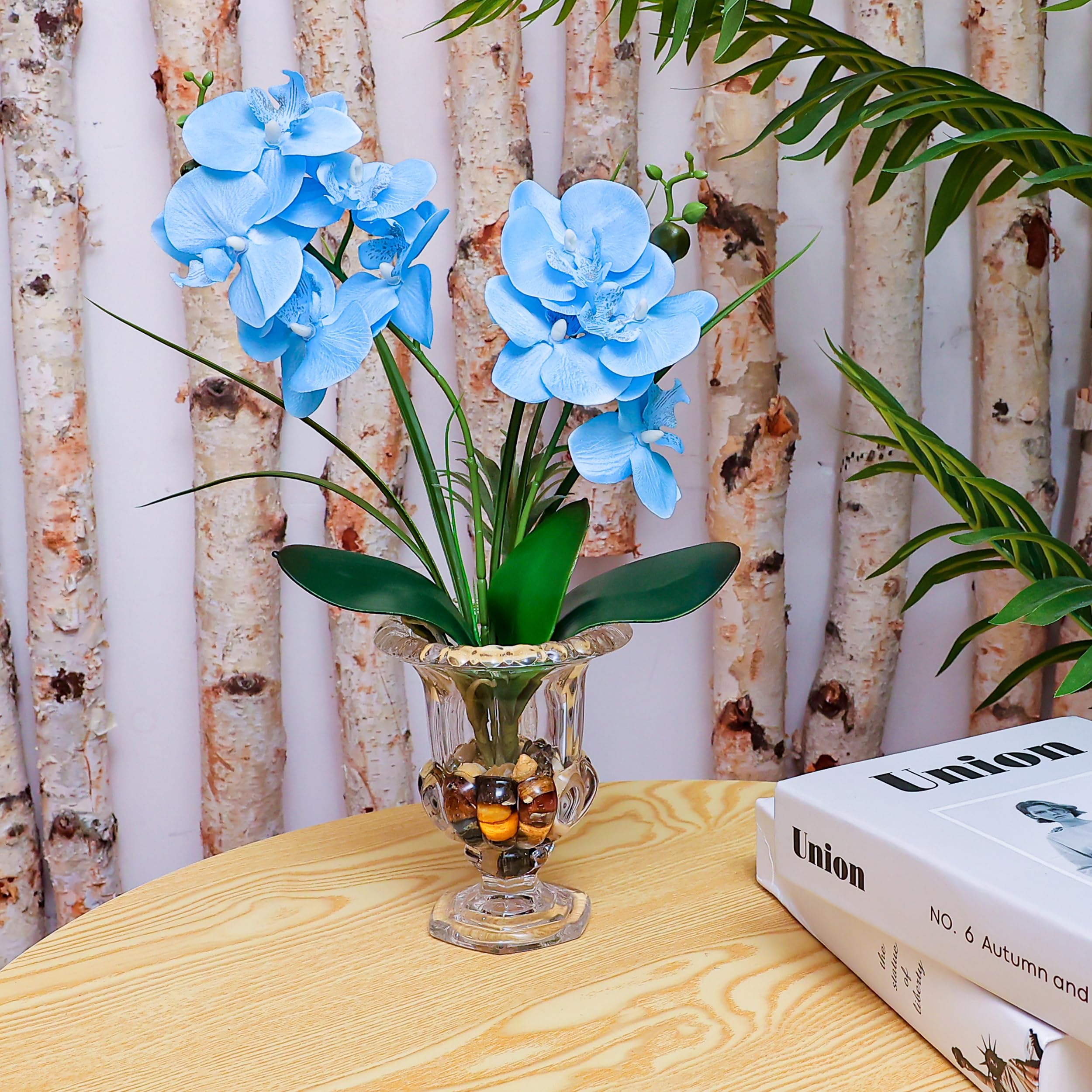 Alyphyly Artificial Flower Bonsai with Wine Glass Vase Vivid Orchid Flowers Arrangement Phalaenopsis Flowers Pot for Home Office Décor Table Centerpiece House Decorations(Glass Vase/Blue Orchid) - Image 3